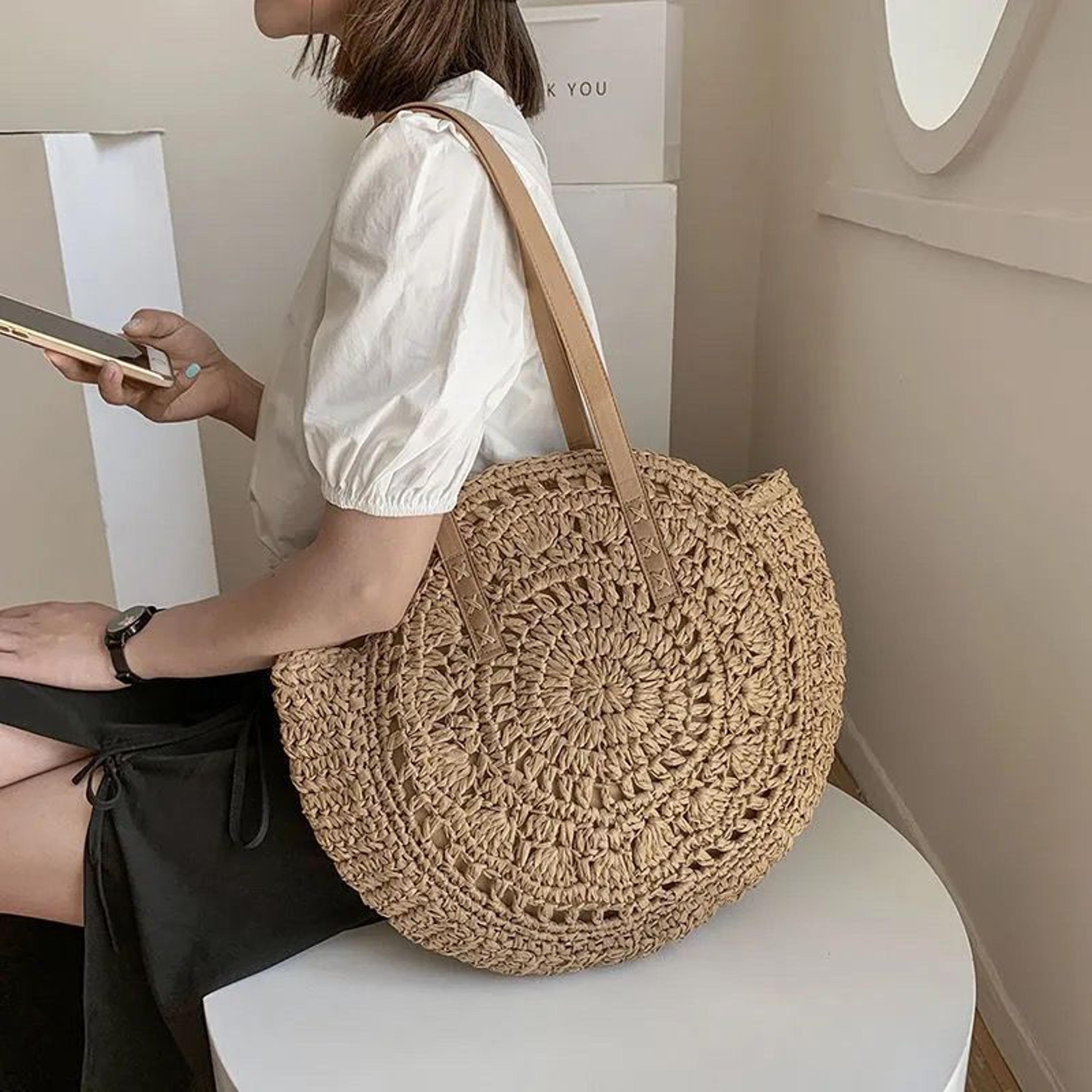 round crochet straw tote bag large boho beach shoulder purse with leather handles