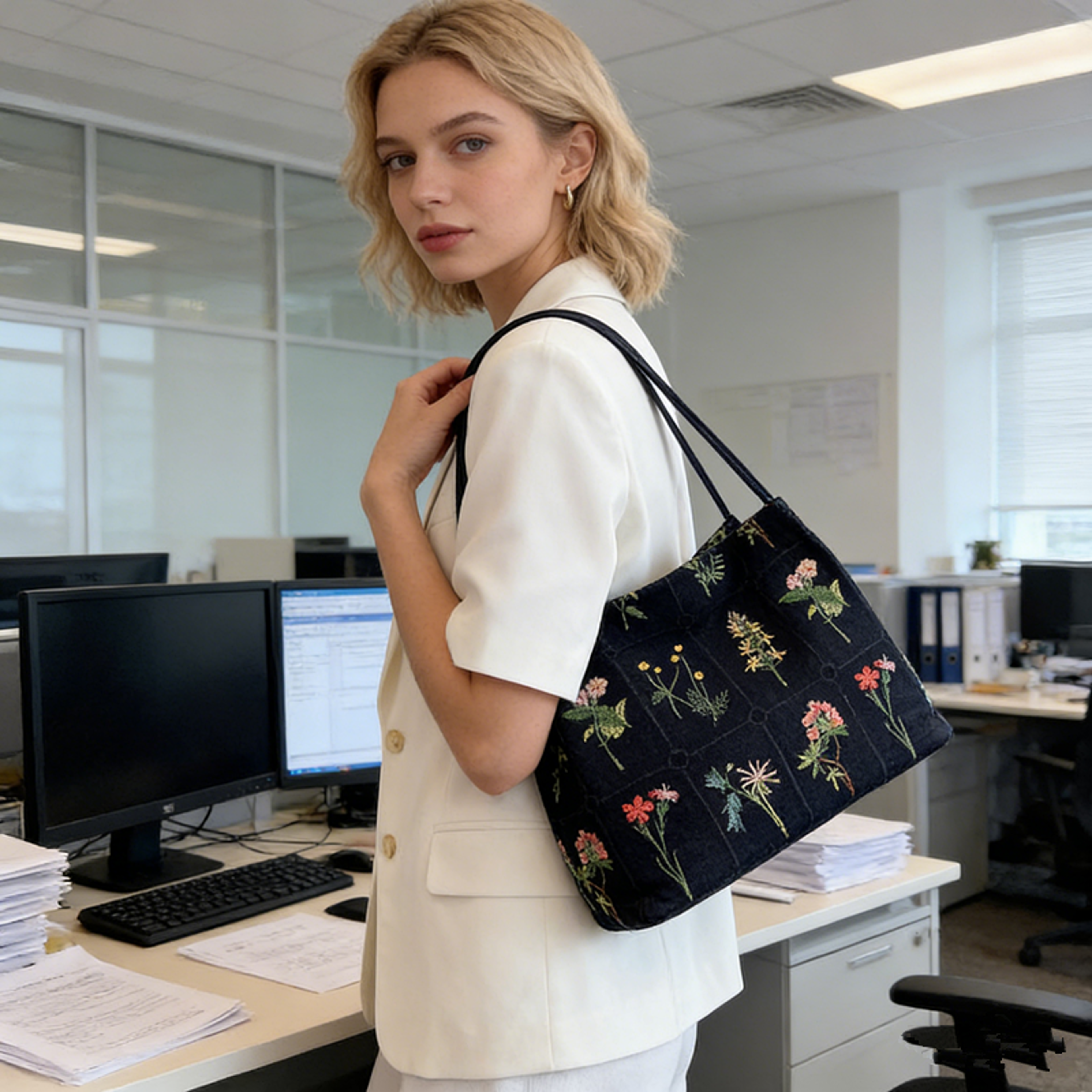 embroidered canvas shoulder bag floral bucket handbag for women