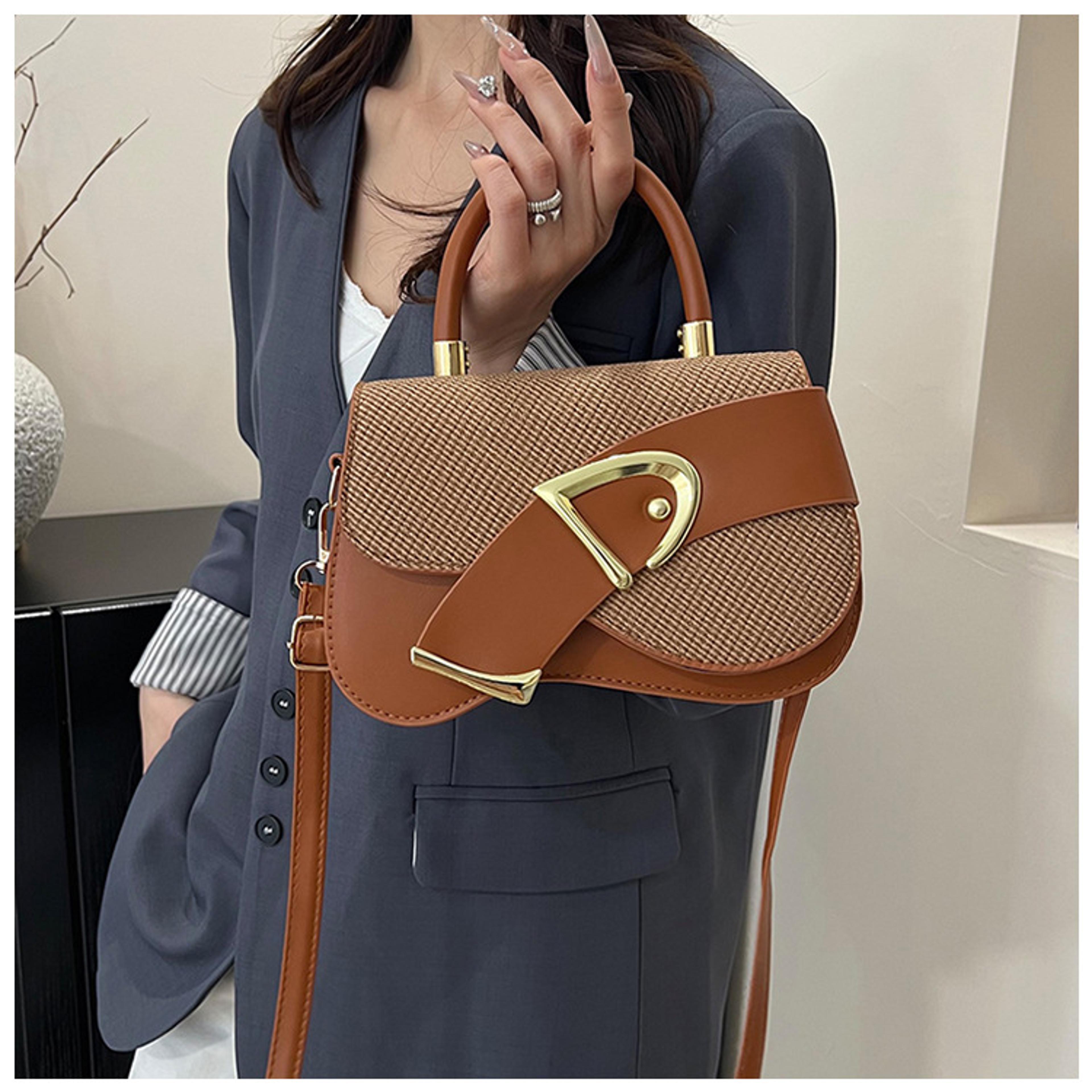 chic brown woven handbag with gold accents and crossbody strap