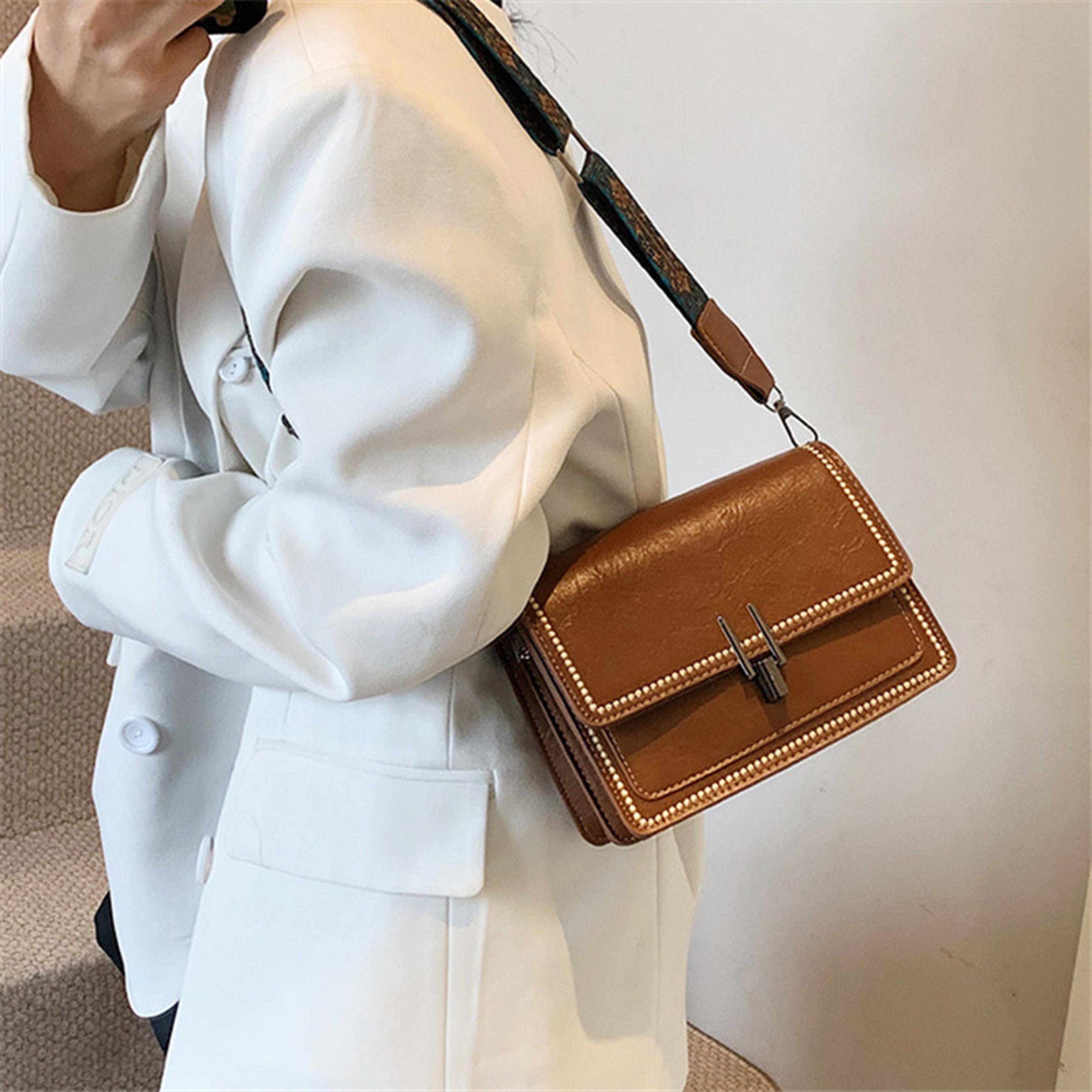vintage pu leather crossbody bag for women with wide patterned strap