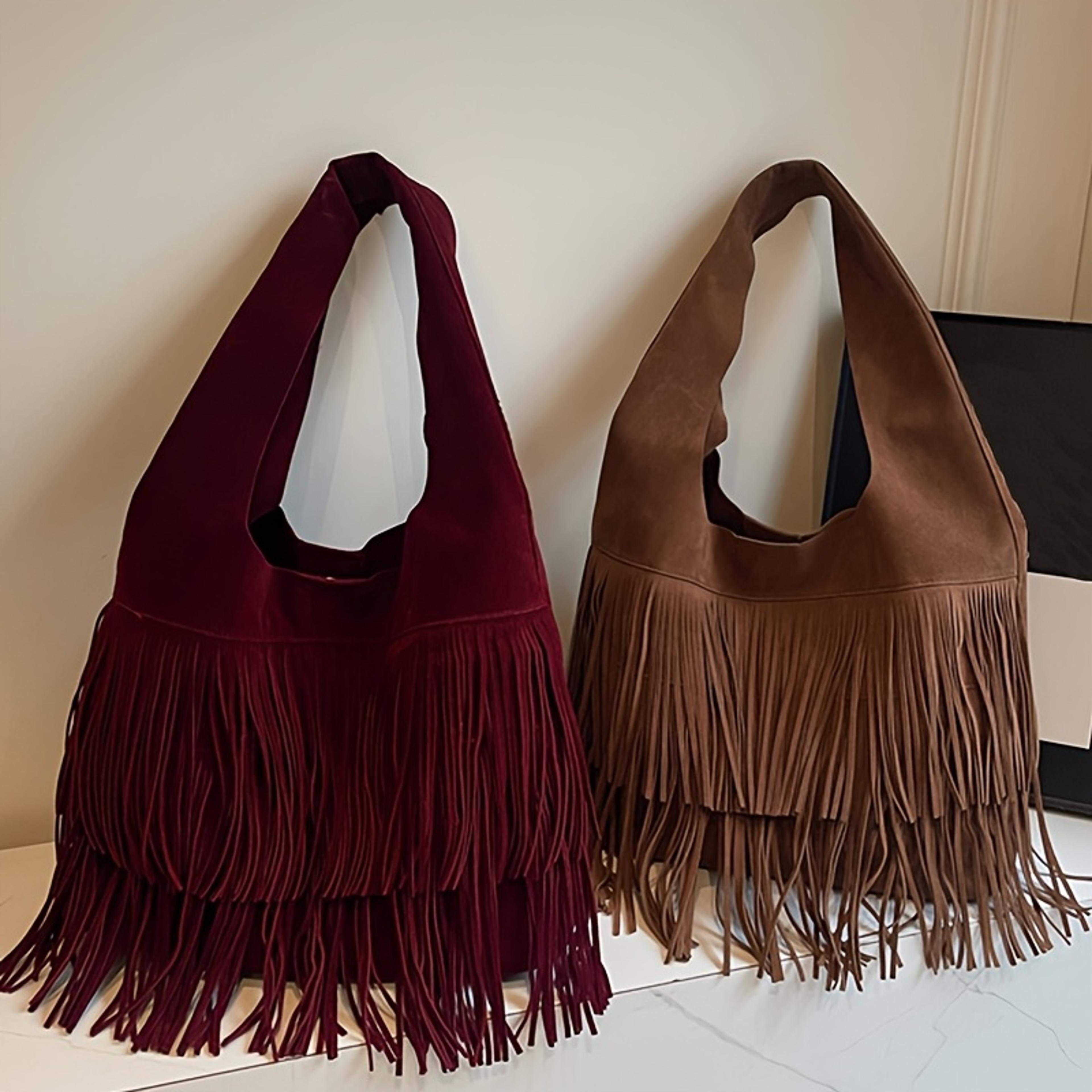 womens tassel tote bag with fringe and secure closure for work travel