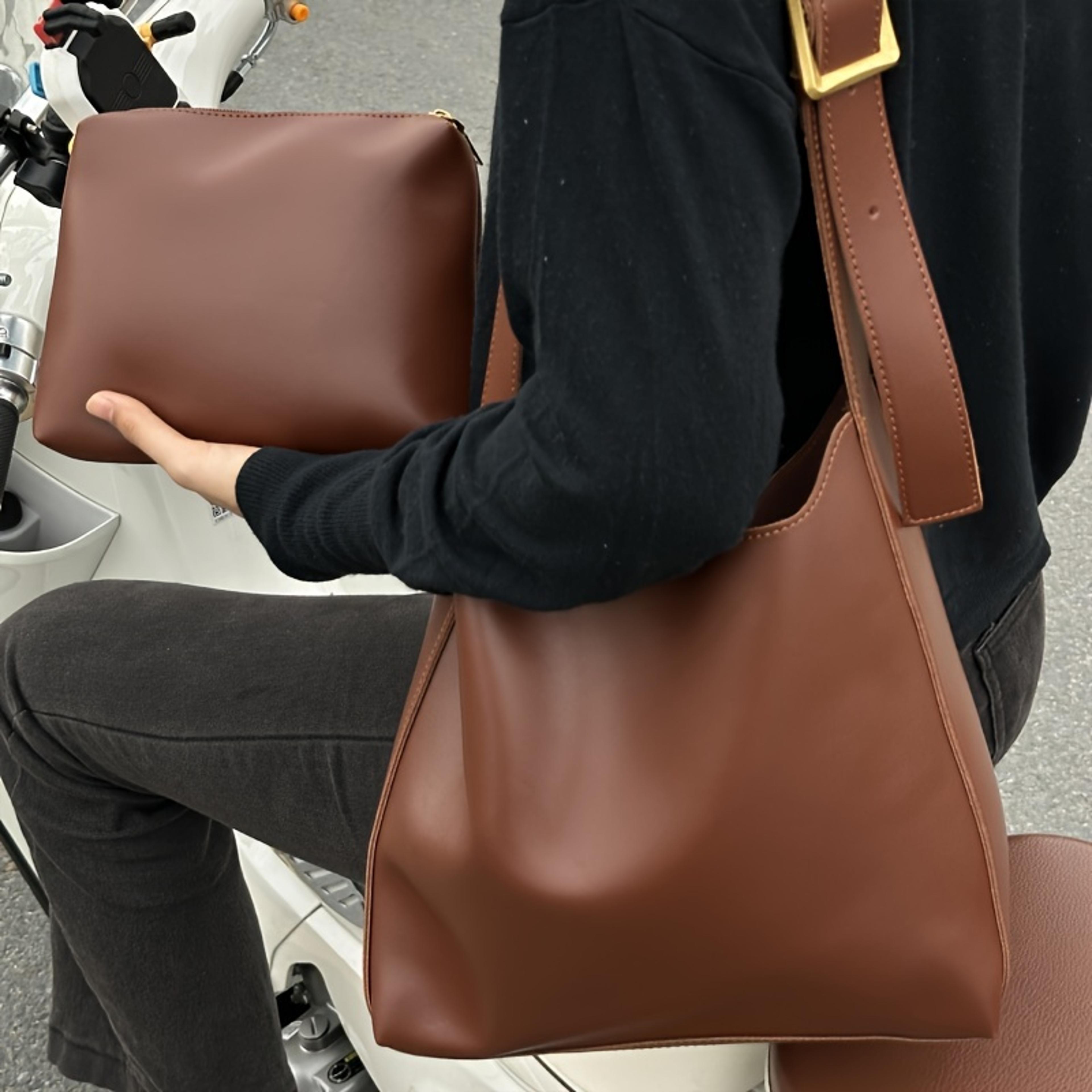 vintage minimalist faux leather tote bag for women with adjustable shoulder strap