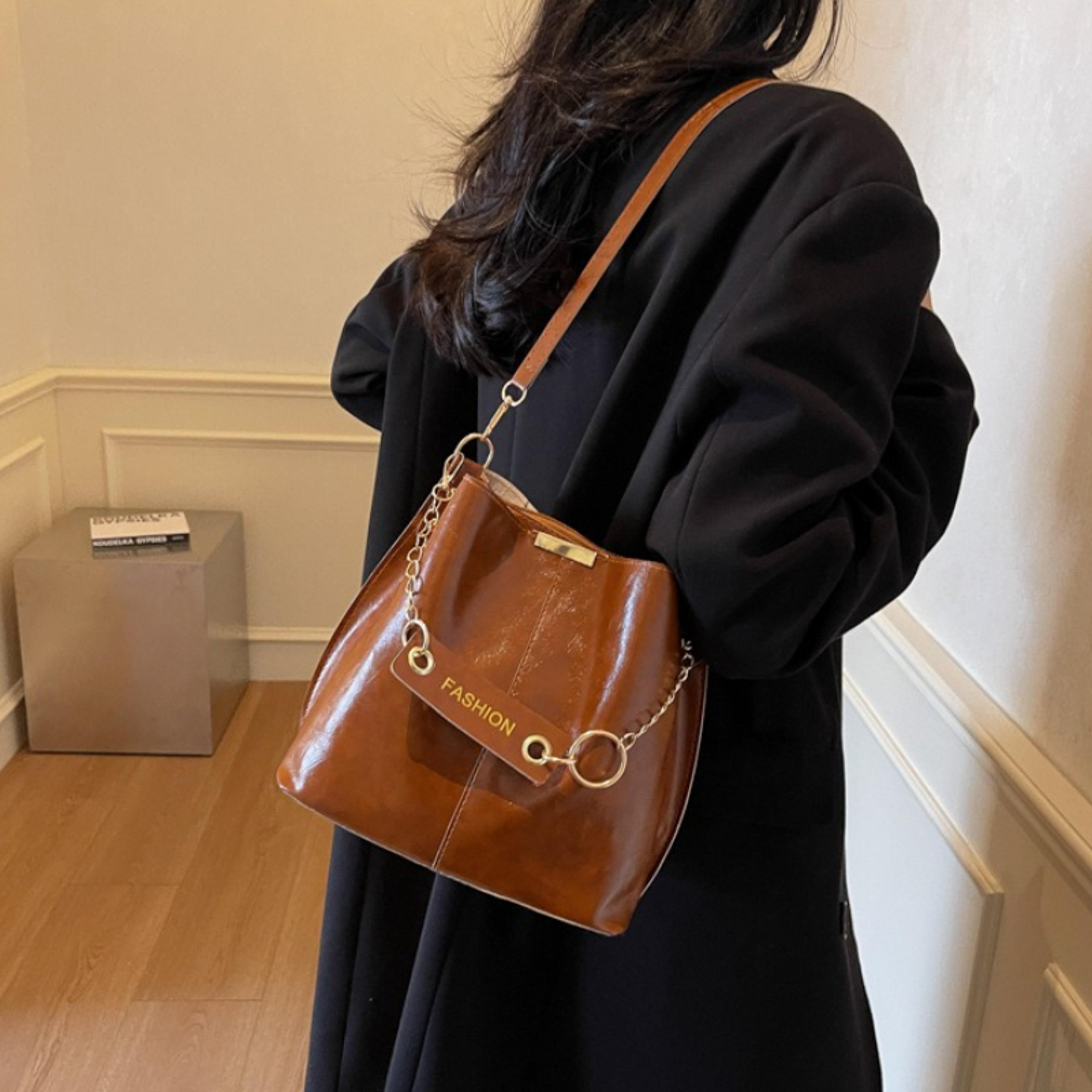 womens faux leather bucket bag gold chain crossbody shoulder purse