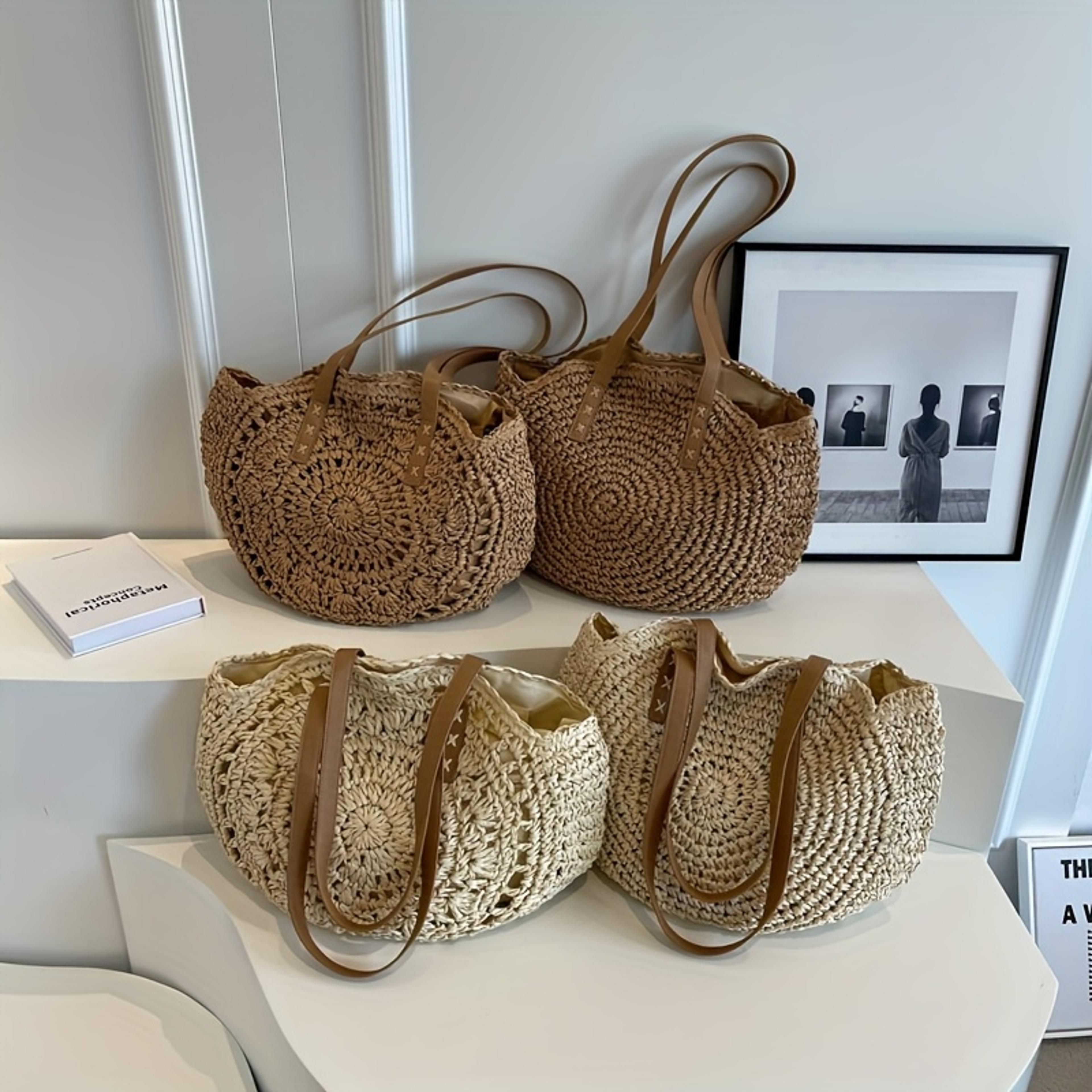 large boho straw tote bag crochet beach shoulder bag with leather strap