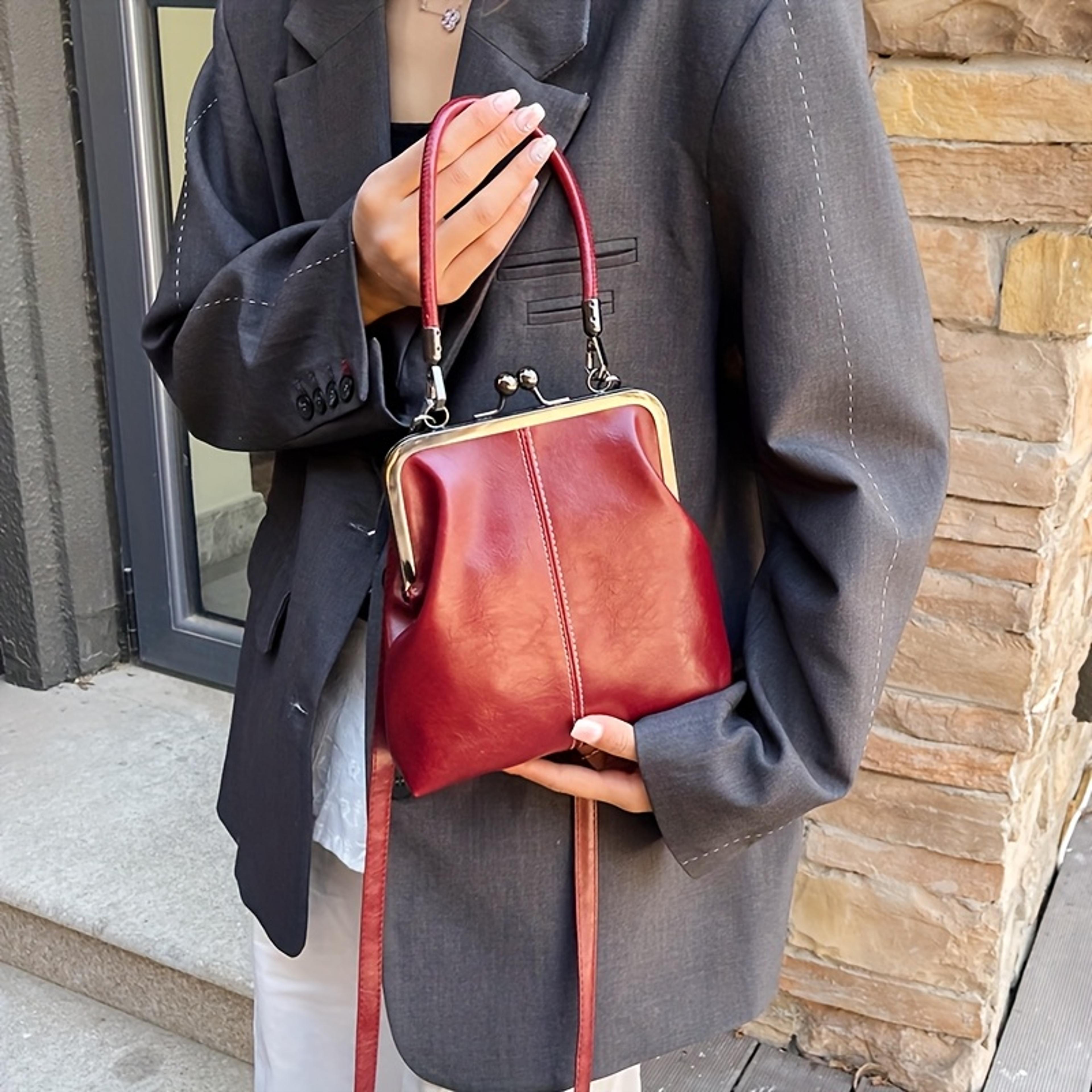 vintage red kiss lock handbag faux leather crossbody purse