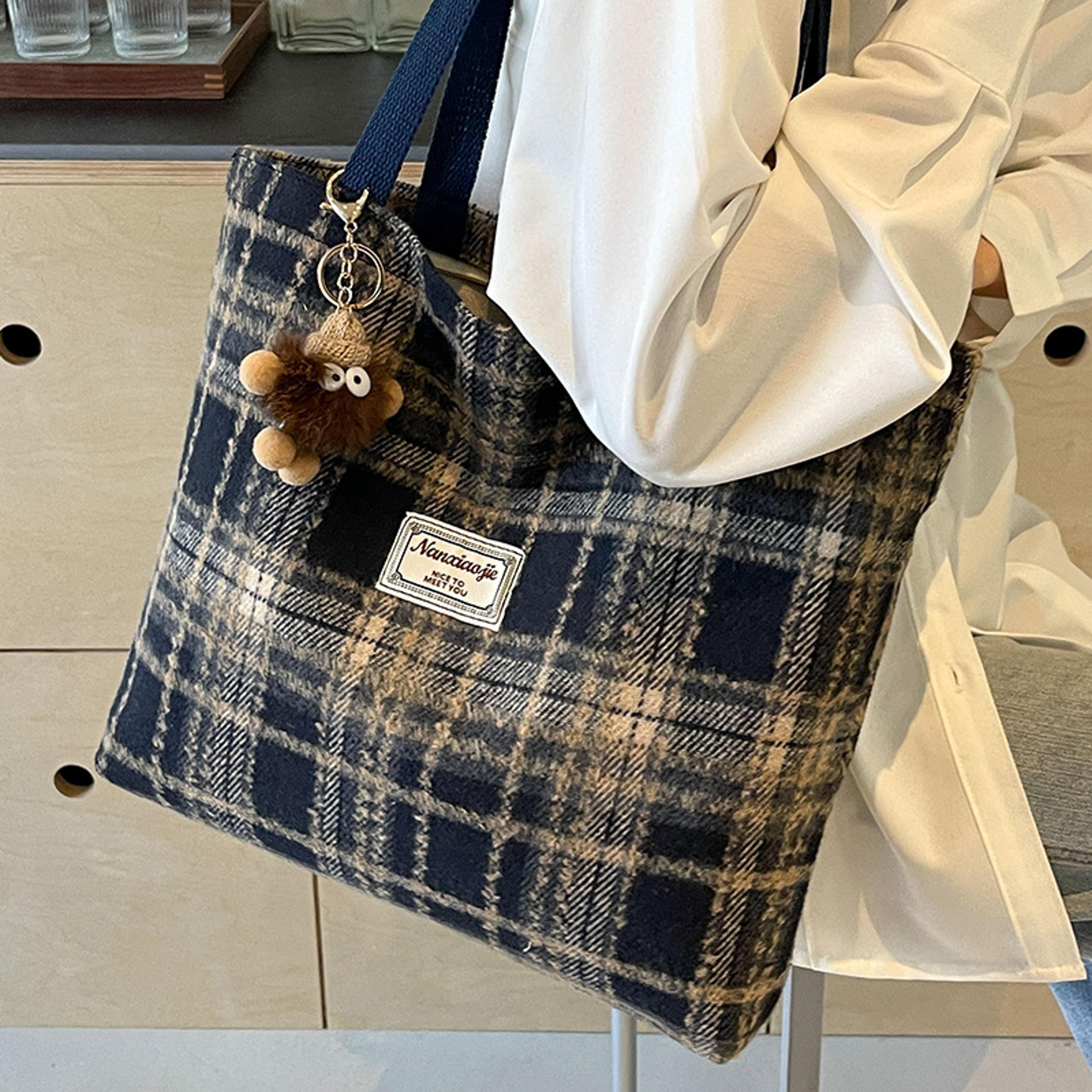 cozy plaid wool tote bag for women roomy shoulder bag
