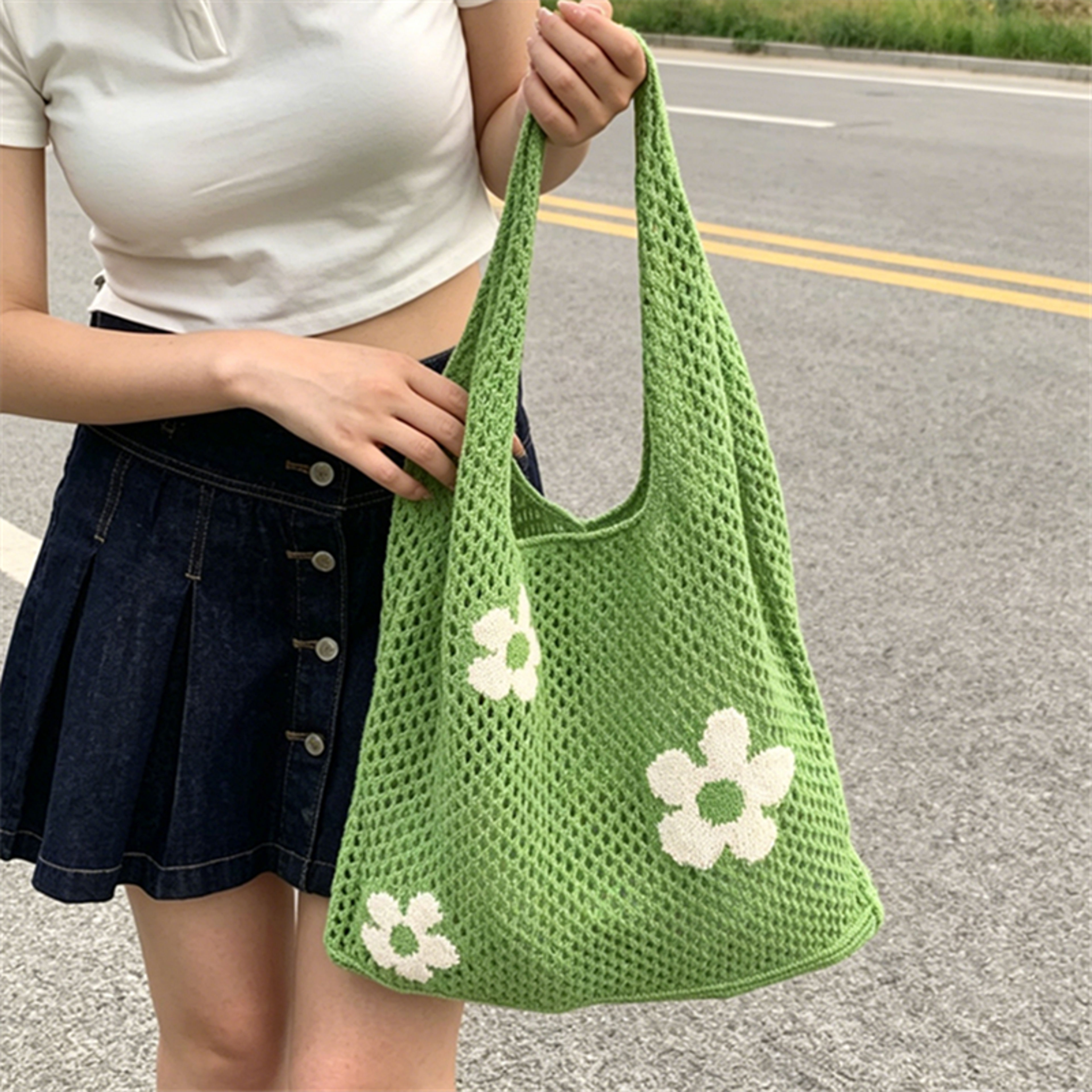 chic flower crochet tote bag for women lightweight mesh beach bag
