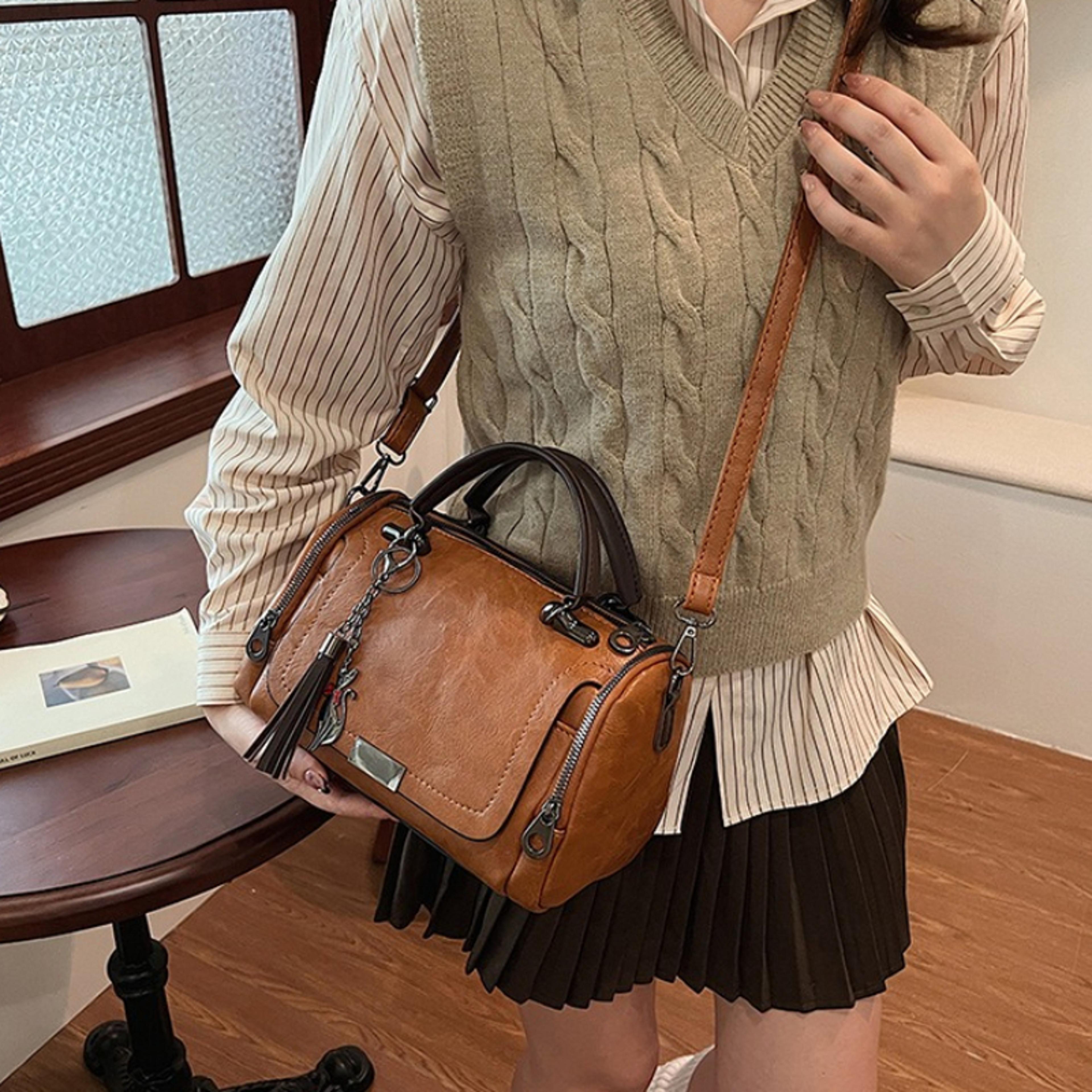 vintage faux leather tote bag with crossbody strap and multi zipper storage