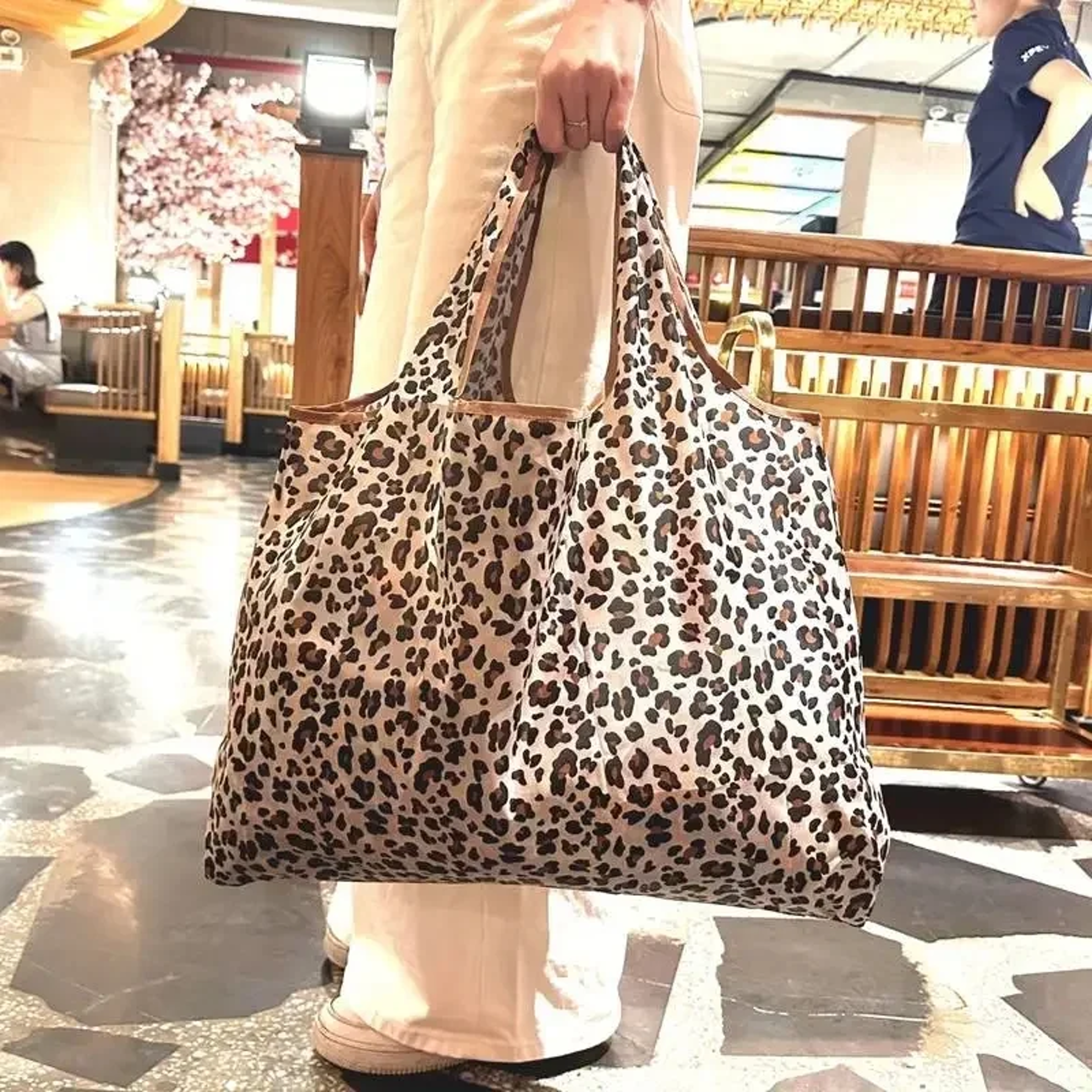 leopard print foldable tote bag large capacity reusable shopping bag for women