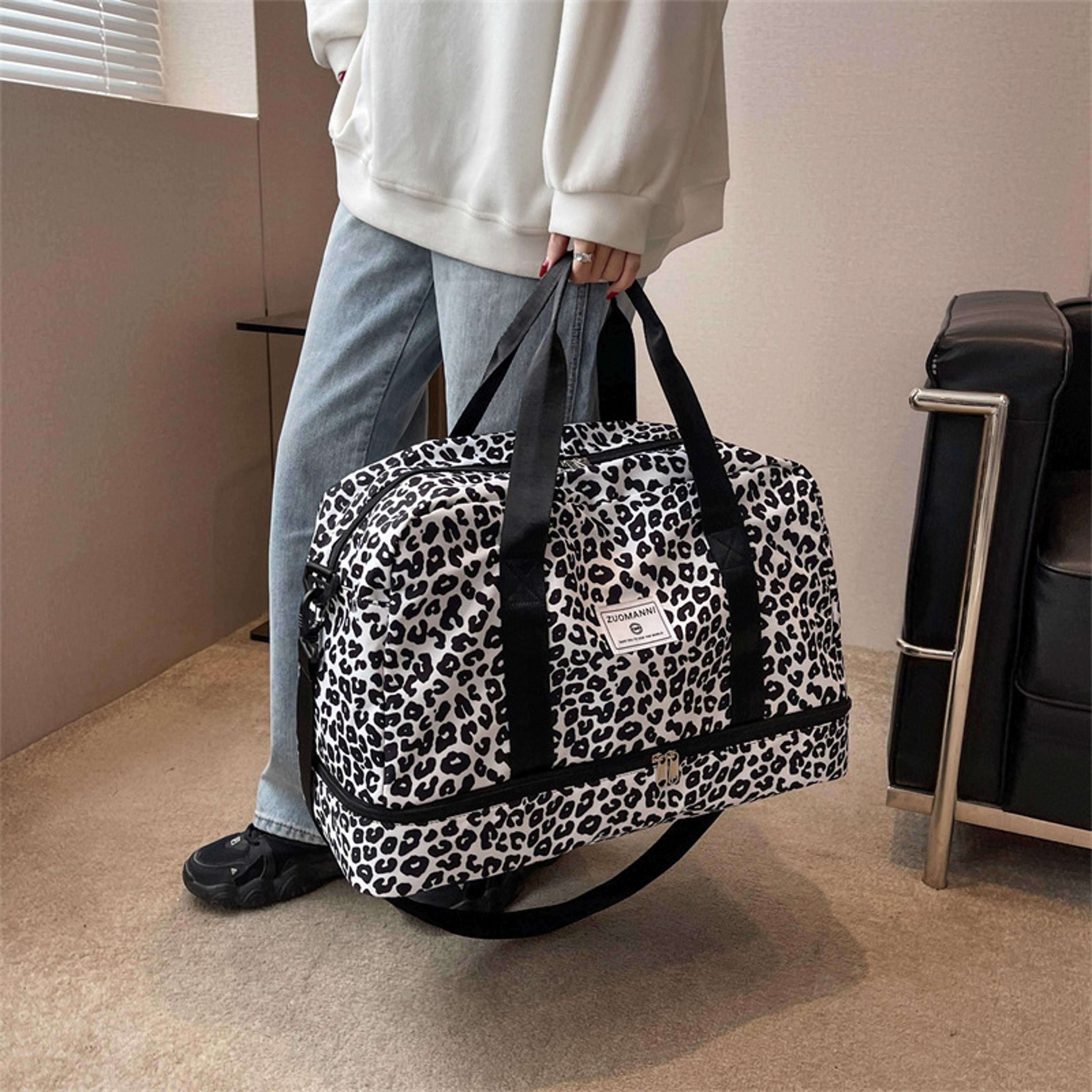 zebra print womens gym bag with shoe compartment and waterproof weekender design