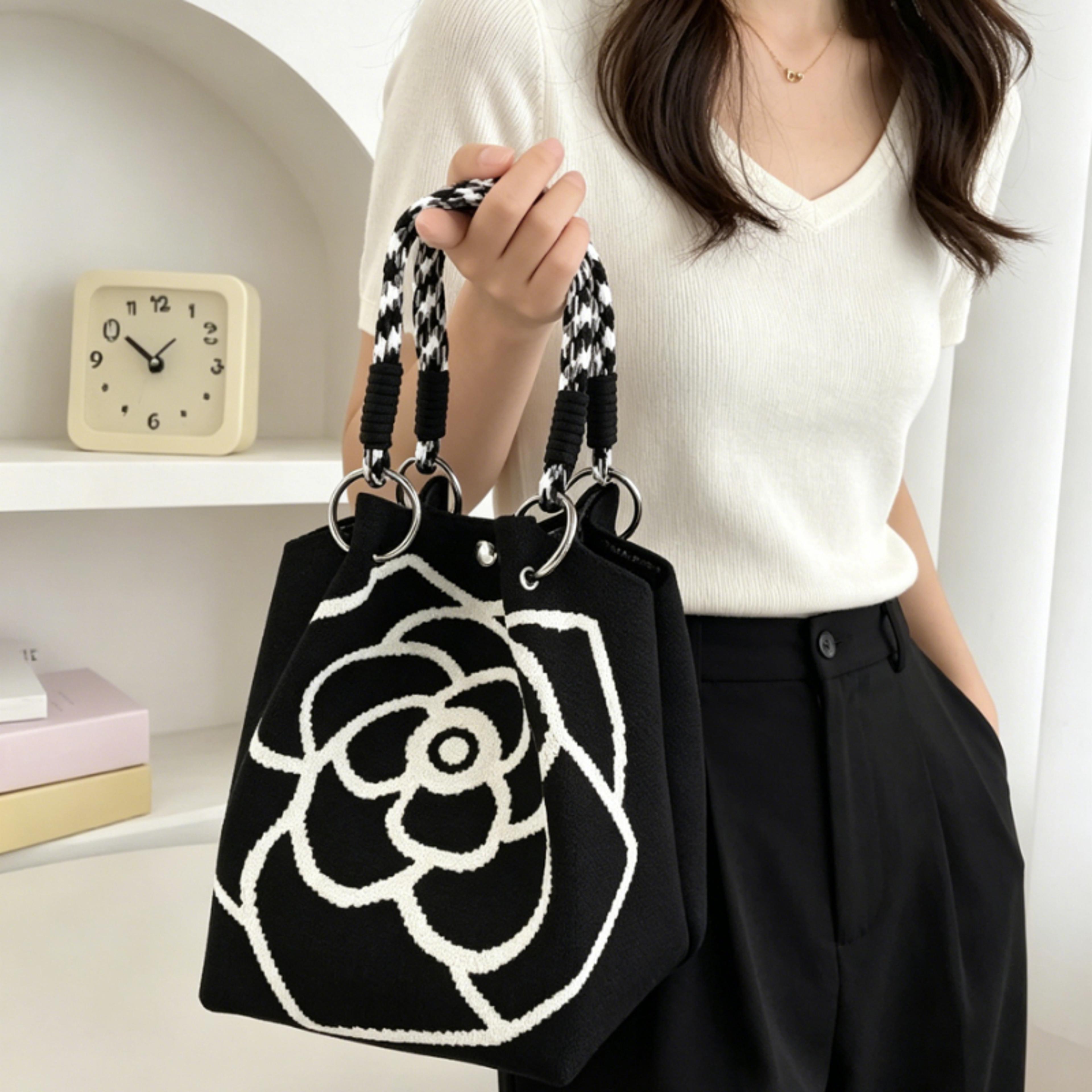 camellia knit mini tote bag with braided handles lightweight black handbag