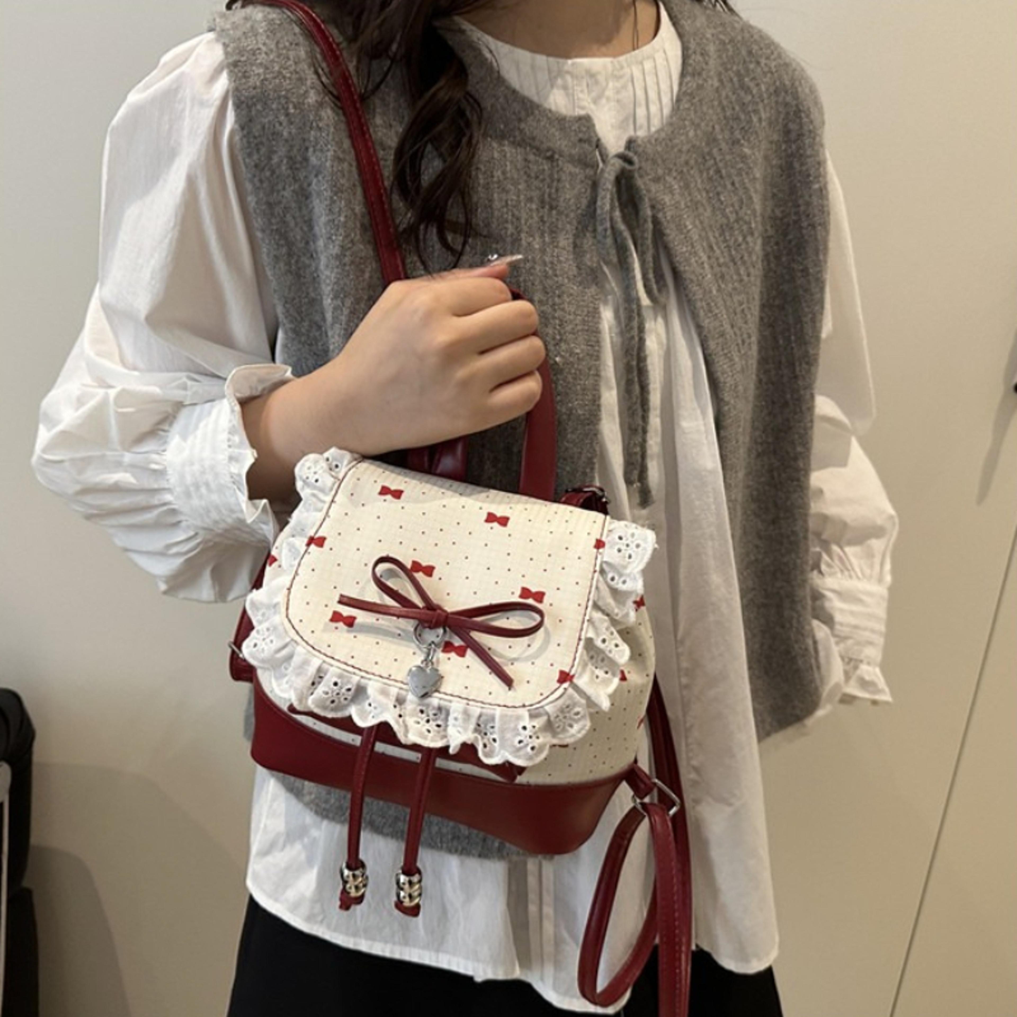 sweet lace bow drawstring backpack for girls and women