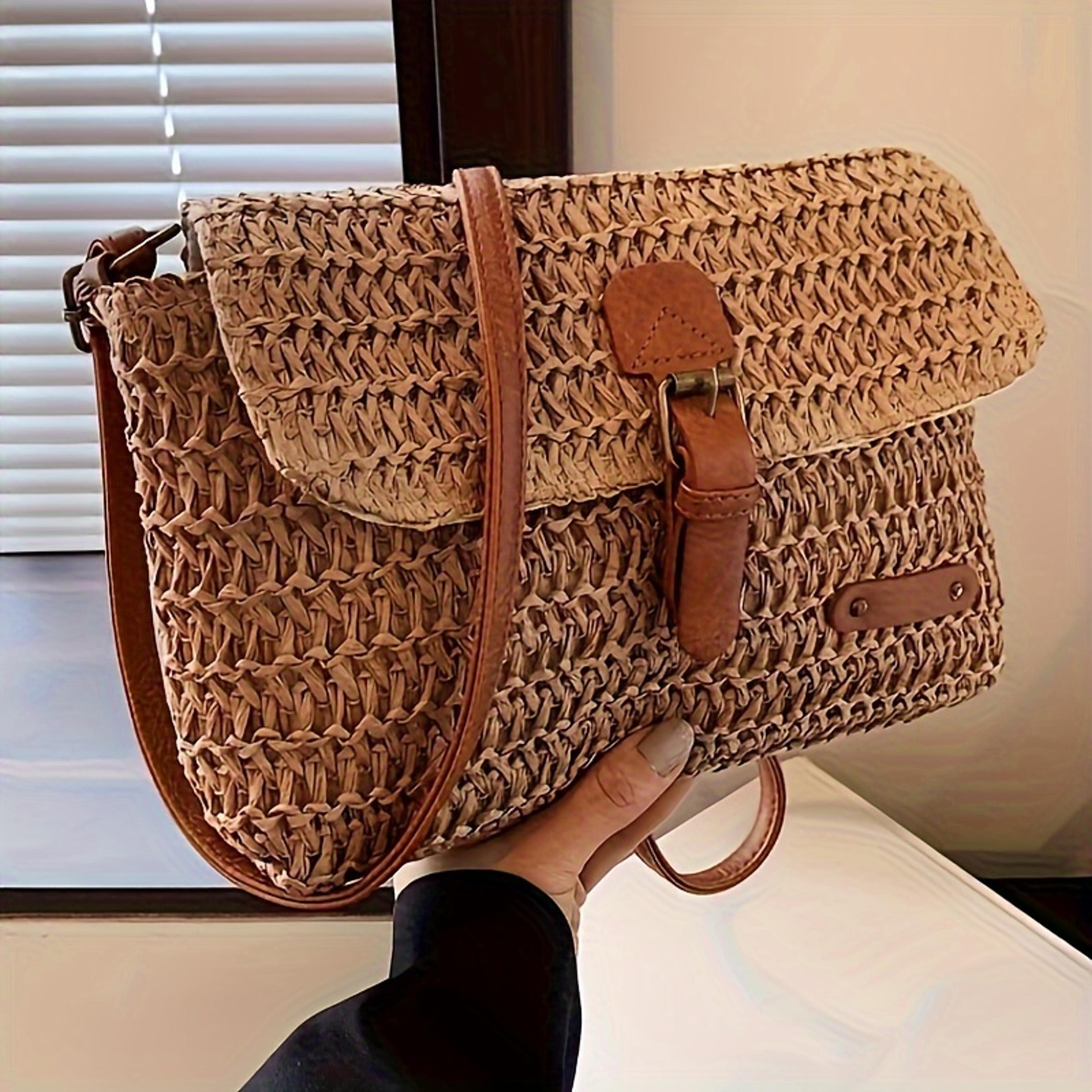 woven straw crossbody bag lightweight summer shoulder purse with leather accents