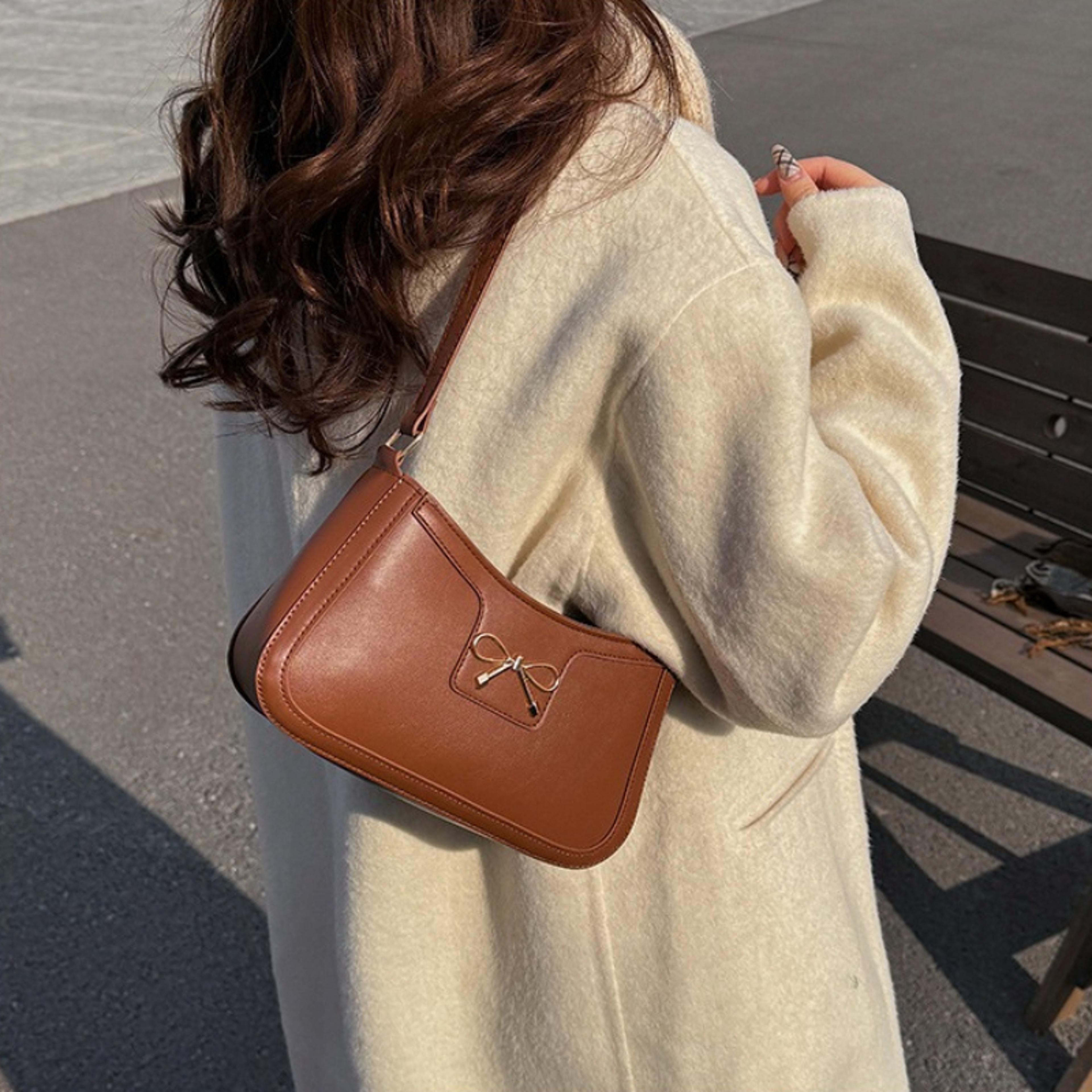 gold bow underarm shoulder bag faux leather purse for women