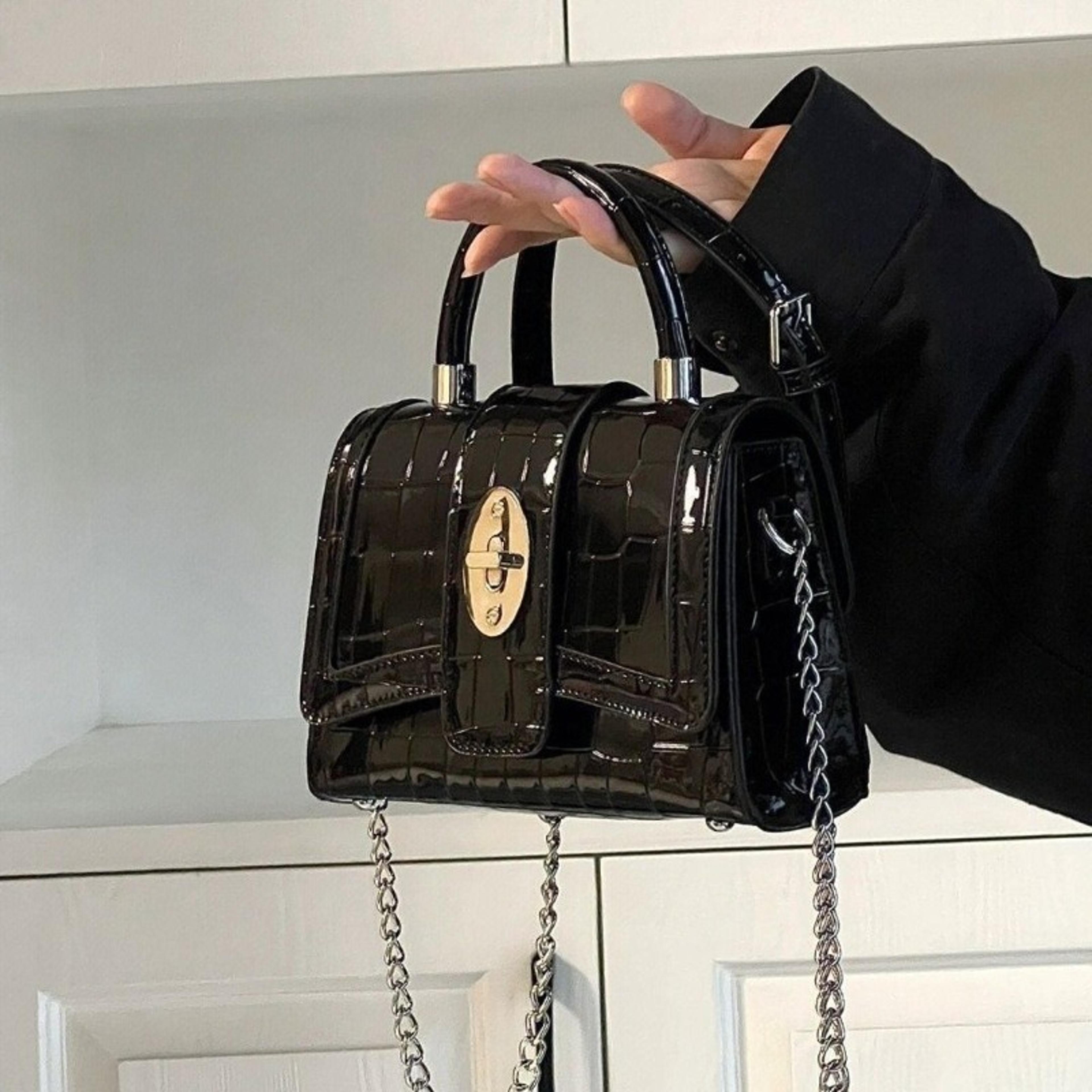 glossy croc embossed mini tote bag with chain crossbody strap