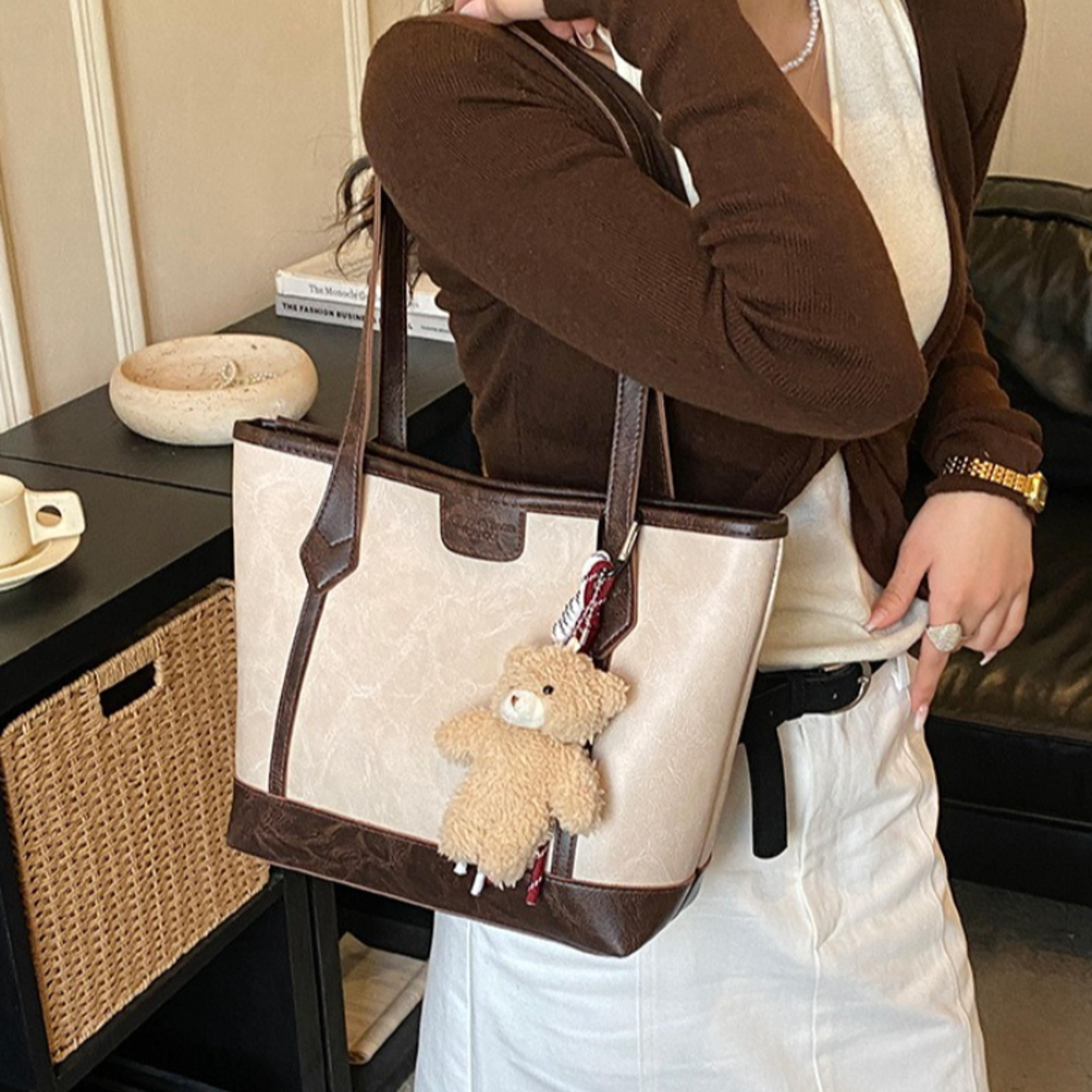 vintage brown leather tote bag for women with teddy bear charm