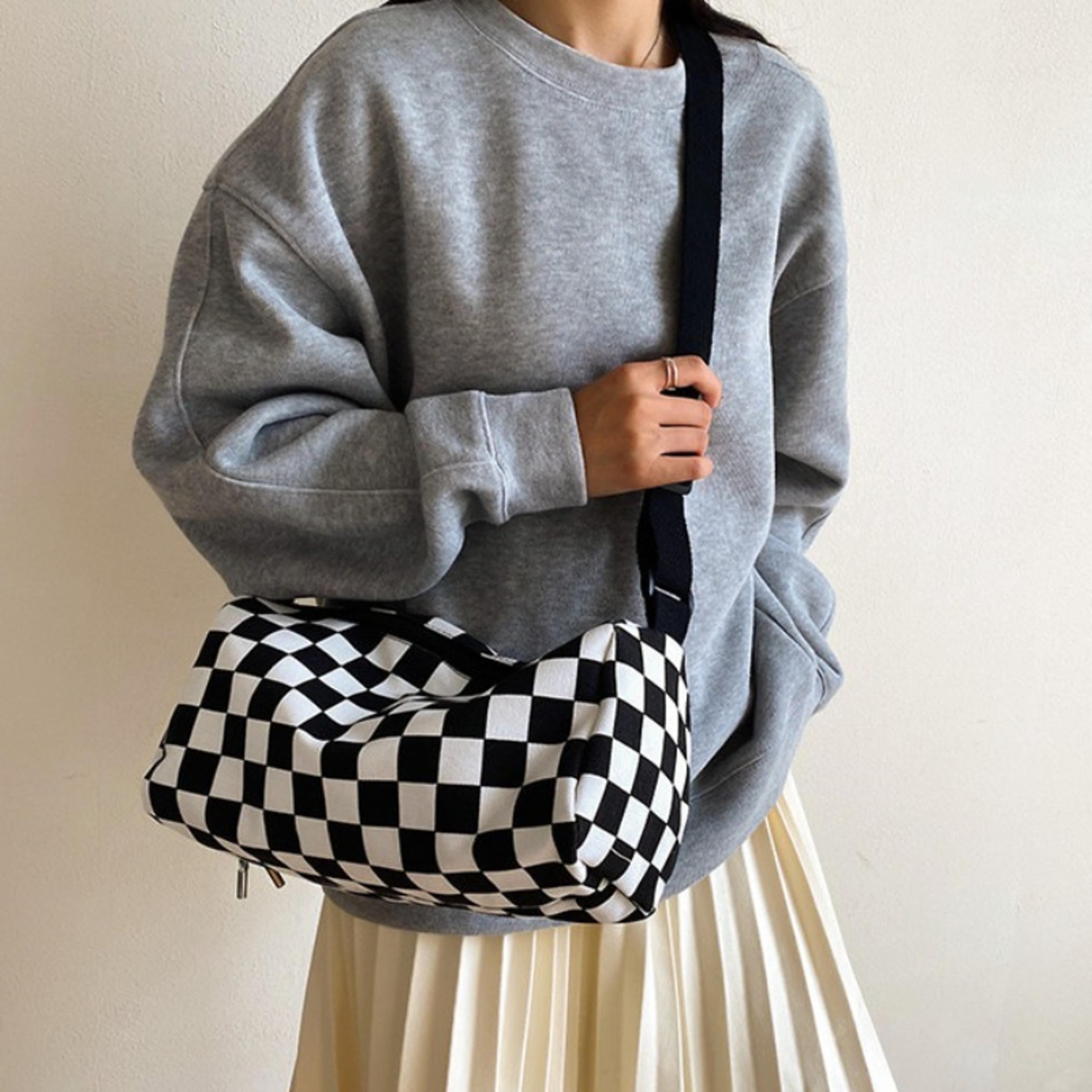 checkered canvas crossbody bucket bag with drawstring adjustable strap