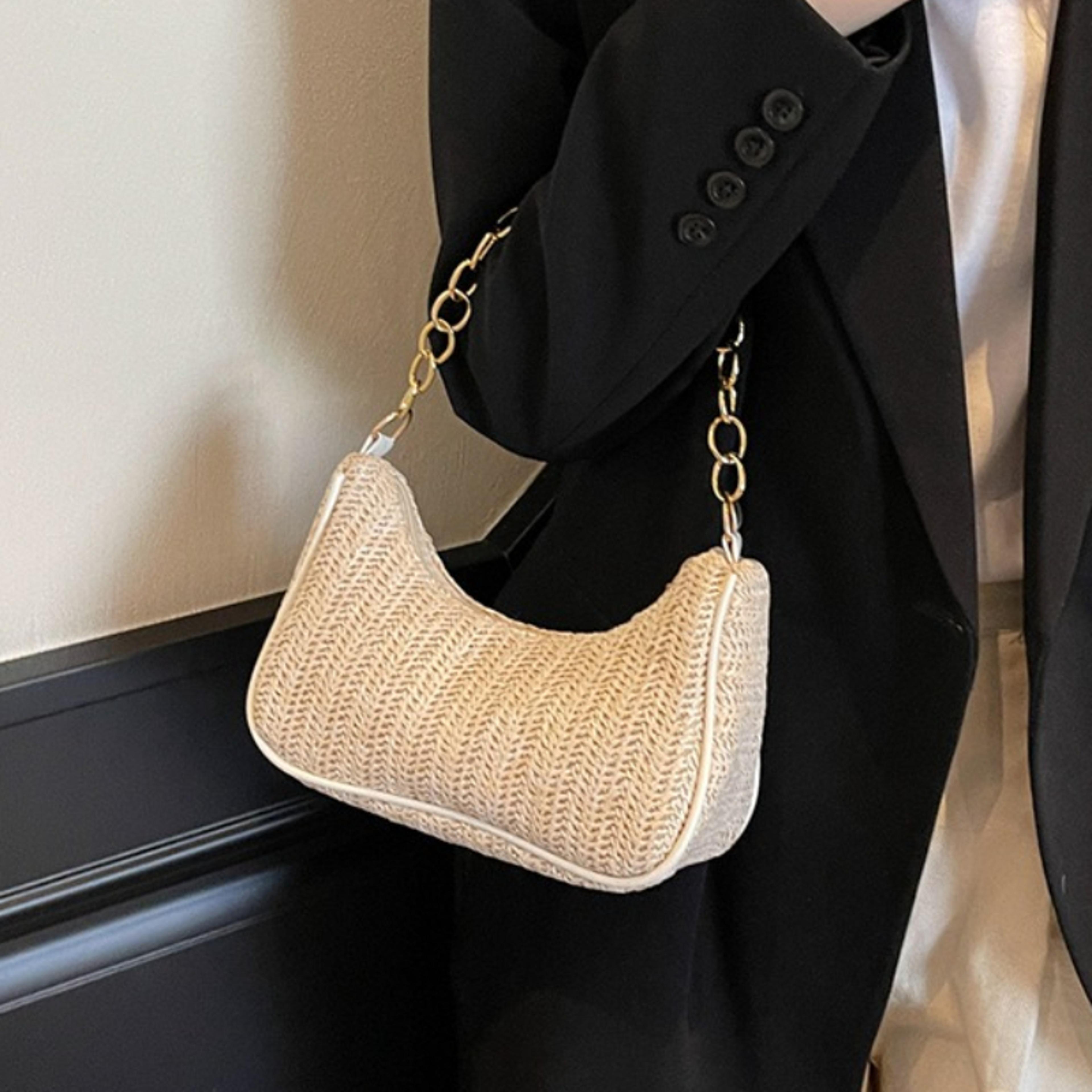 boho woven straw shoulder bag with gold chain crescent purse