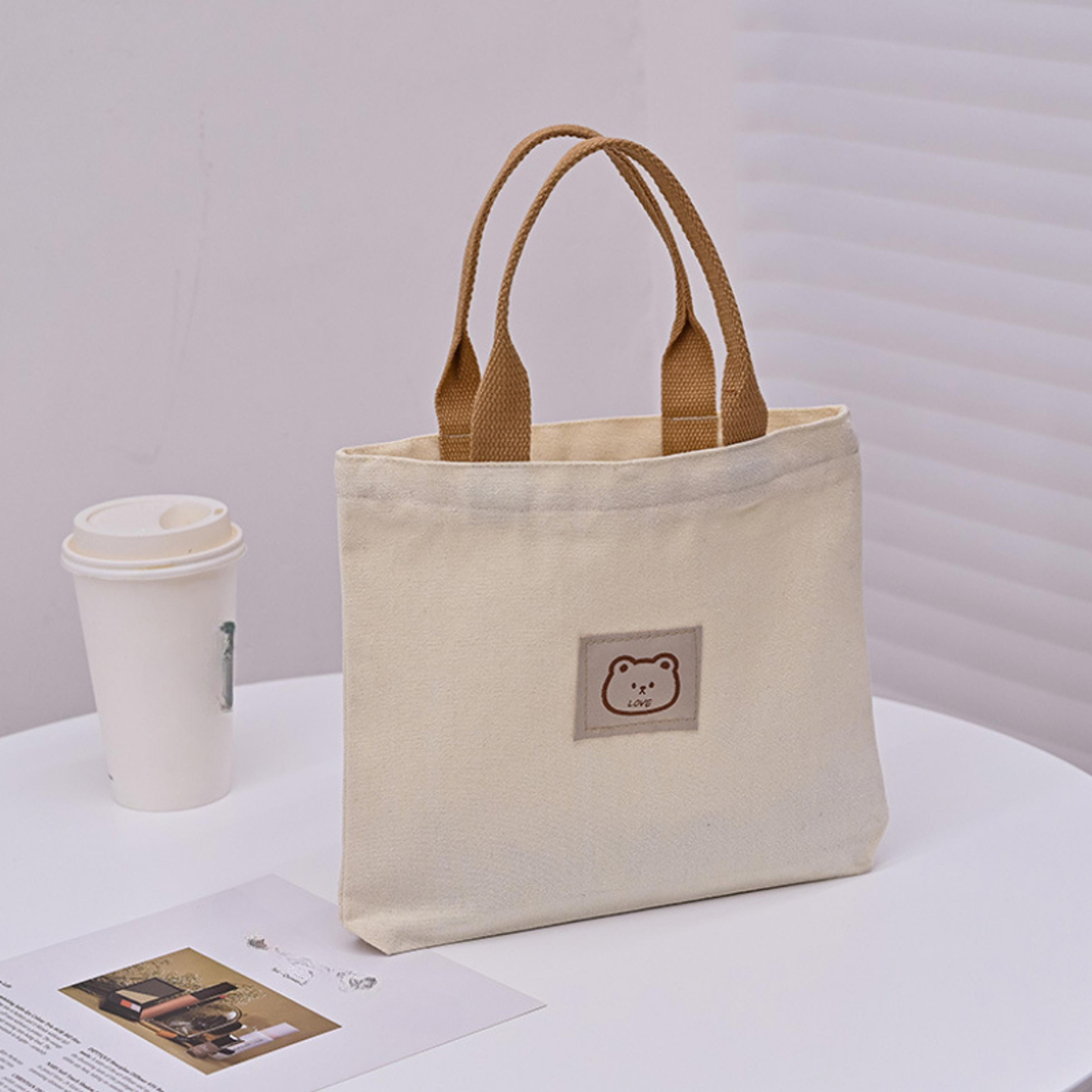 cute bear canvas tote bag with woven handles mini reusable lunch and everyday carry bag