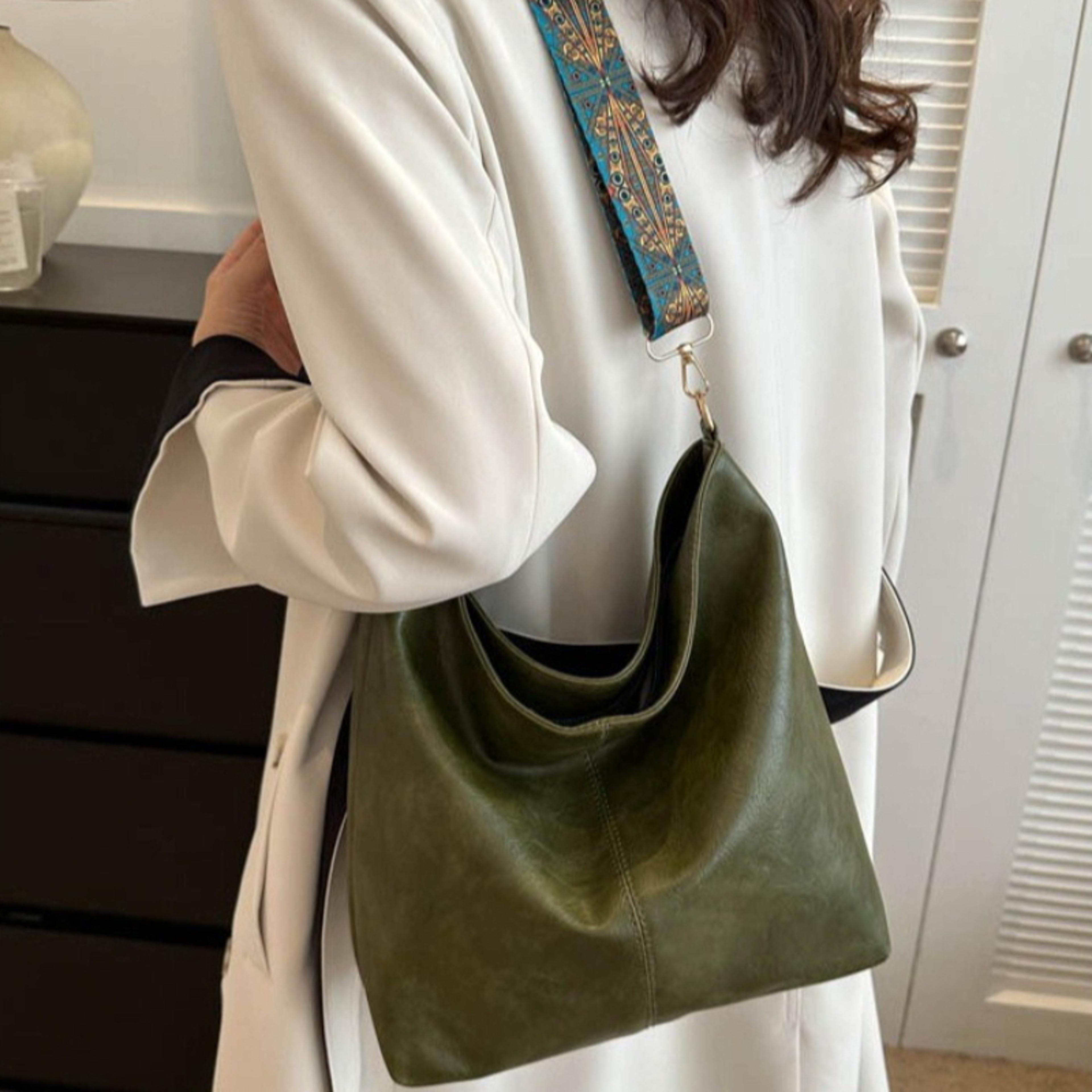 vintage boho faux leather tote bag with printed strap large capacity crossbody purse