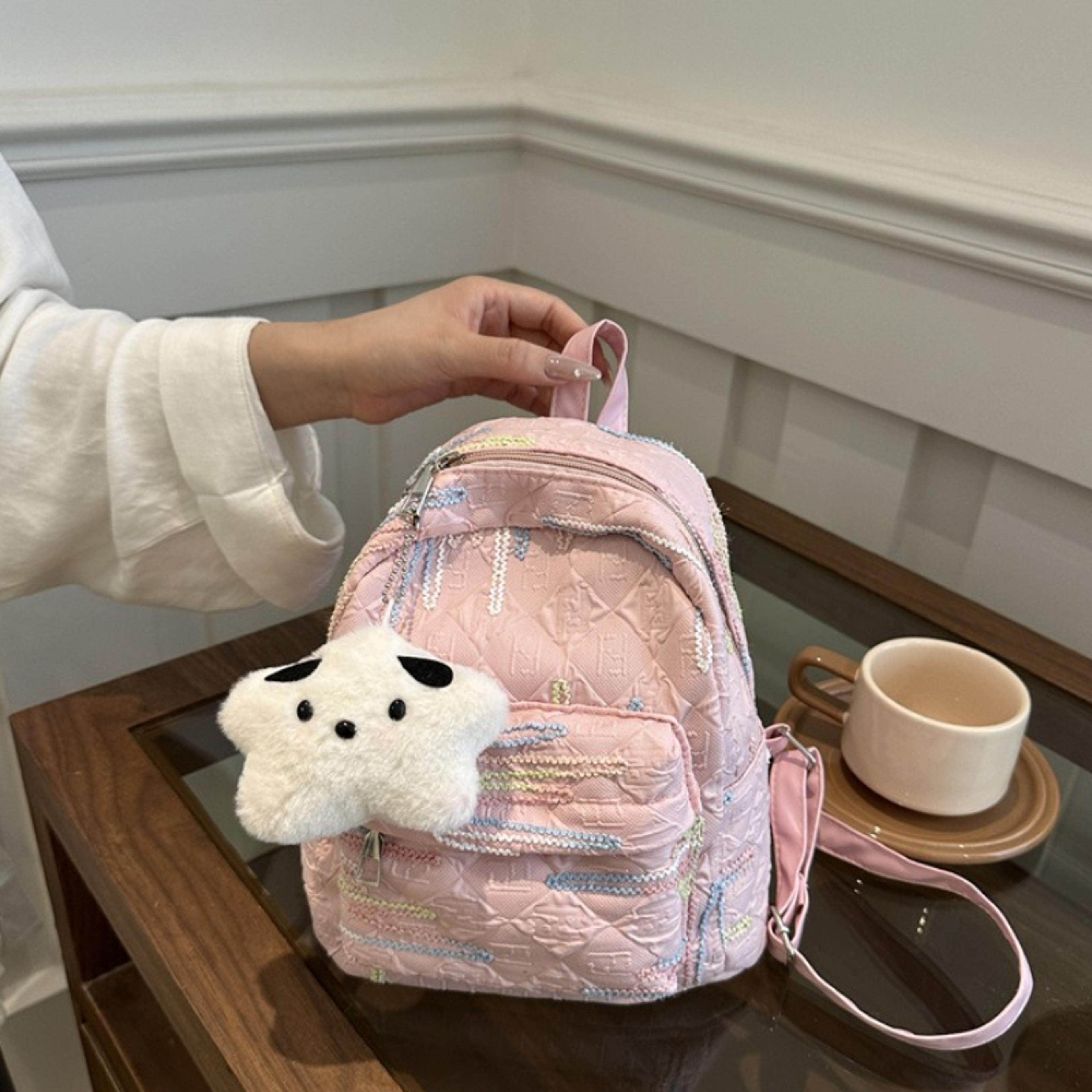 colorful embroidered mini backpack with detachable cloud plush charm