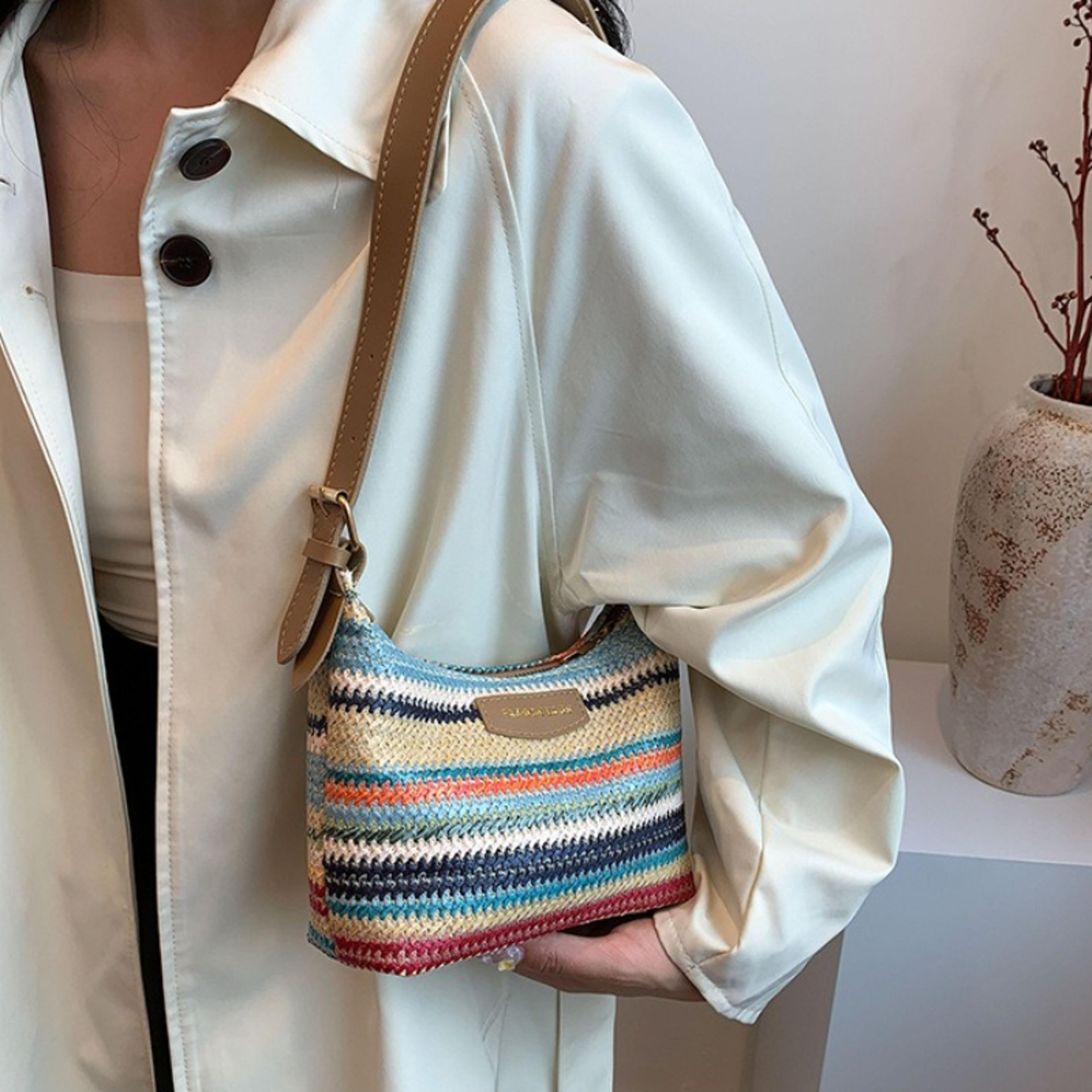 boho striped woven shoulder bag with leather trim crossbody strap