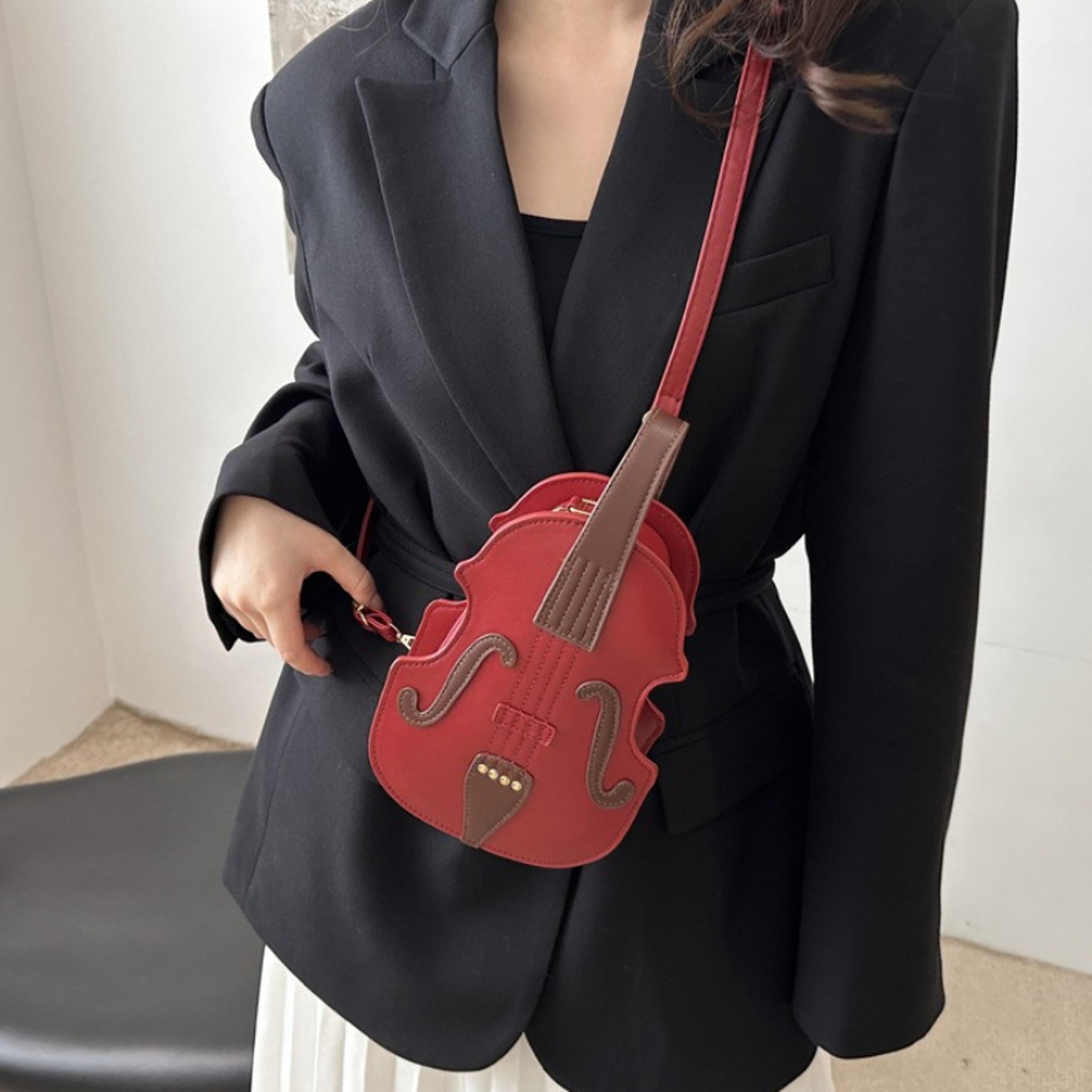 red violin shaped crossbody bag faux leather music lover purse