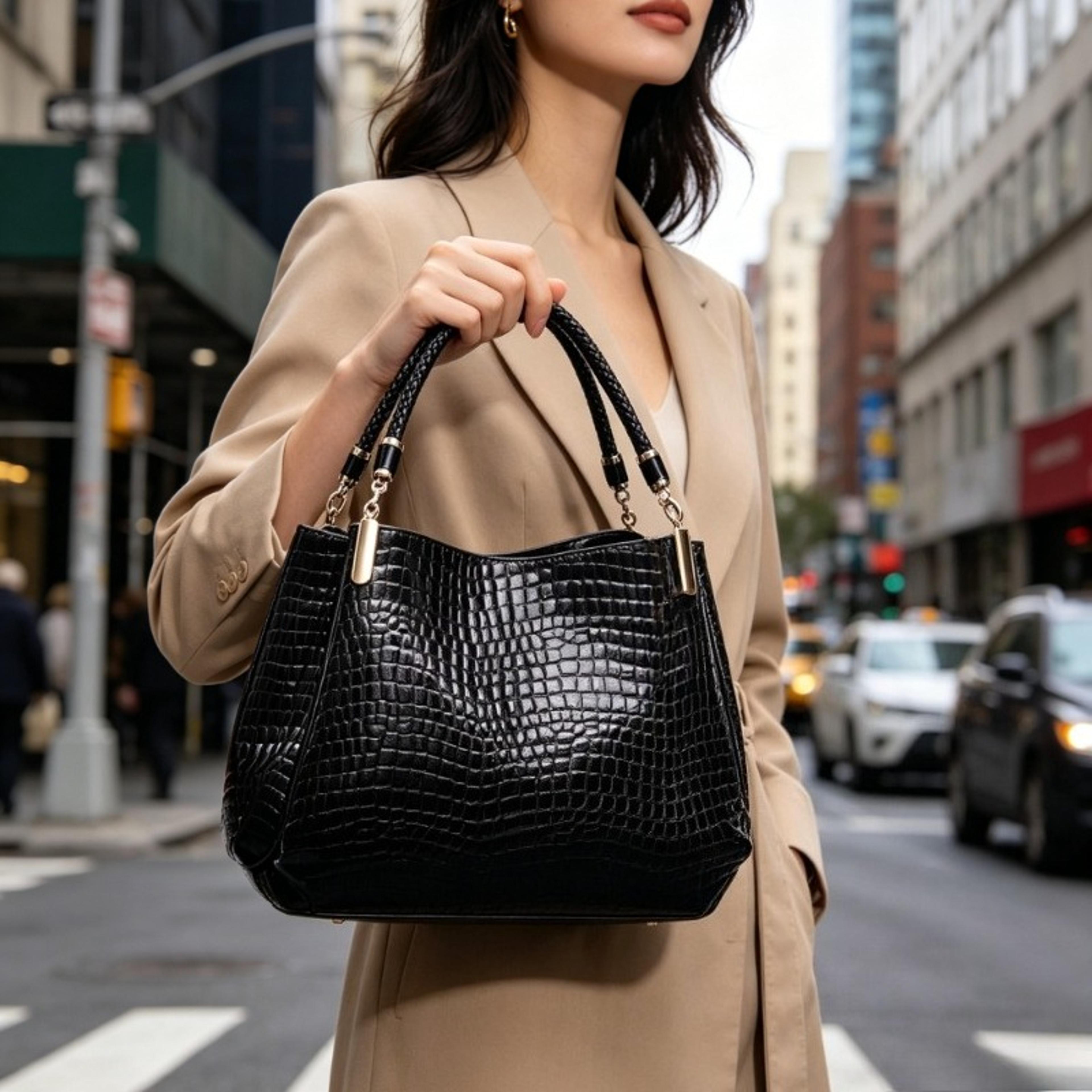 elegant black embossed large capacity tote bag with braided handle