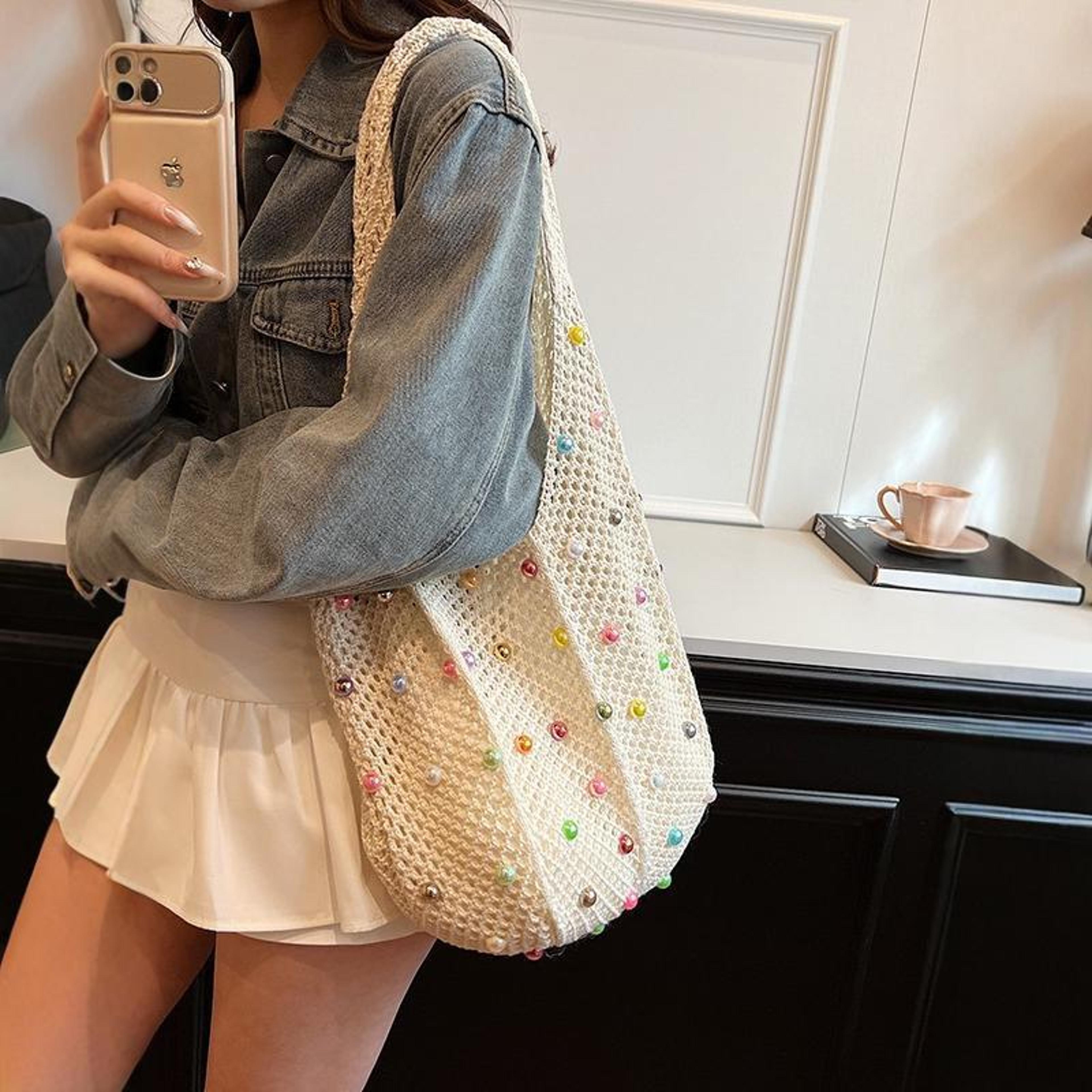 pearl woven beach bag summer knit shoulder tote for women