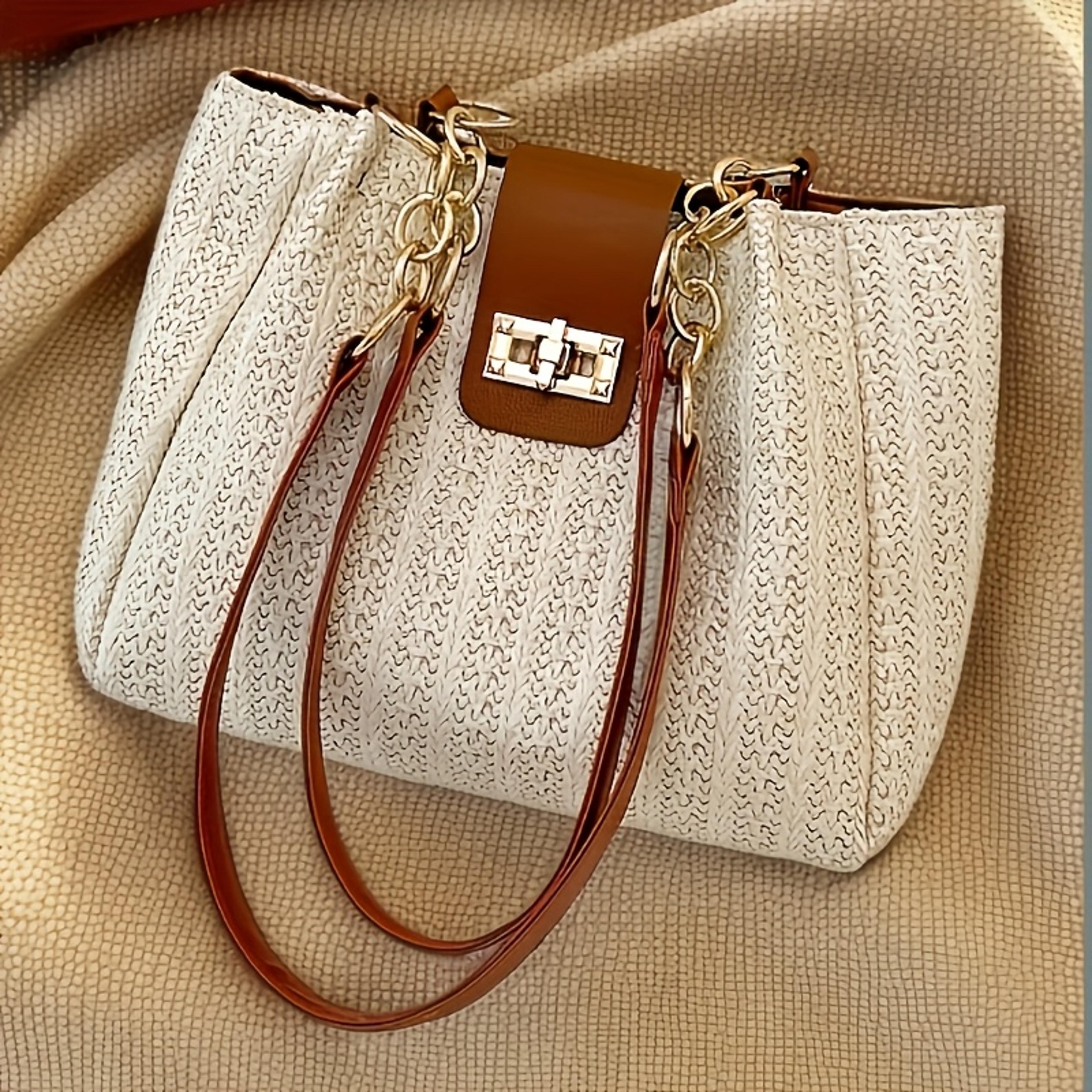 chic straw tote bag woven summer shoulder handbag with chain strap