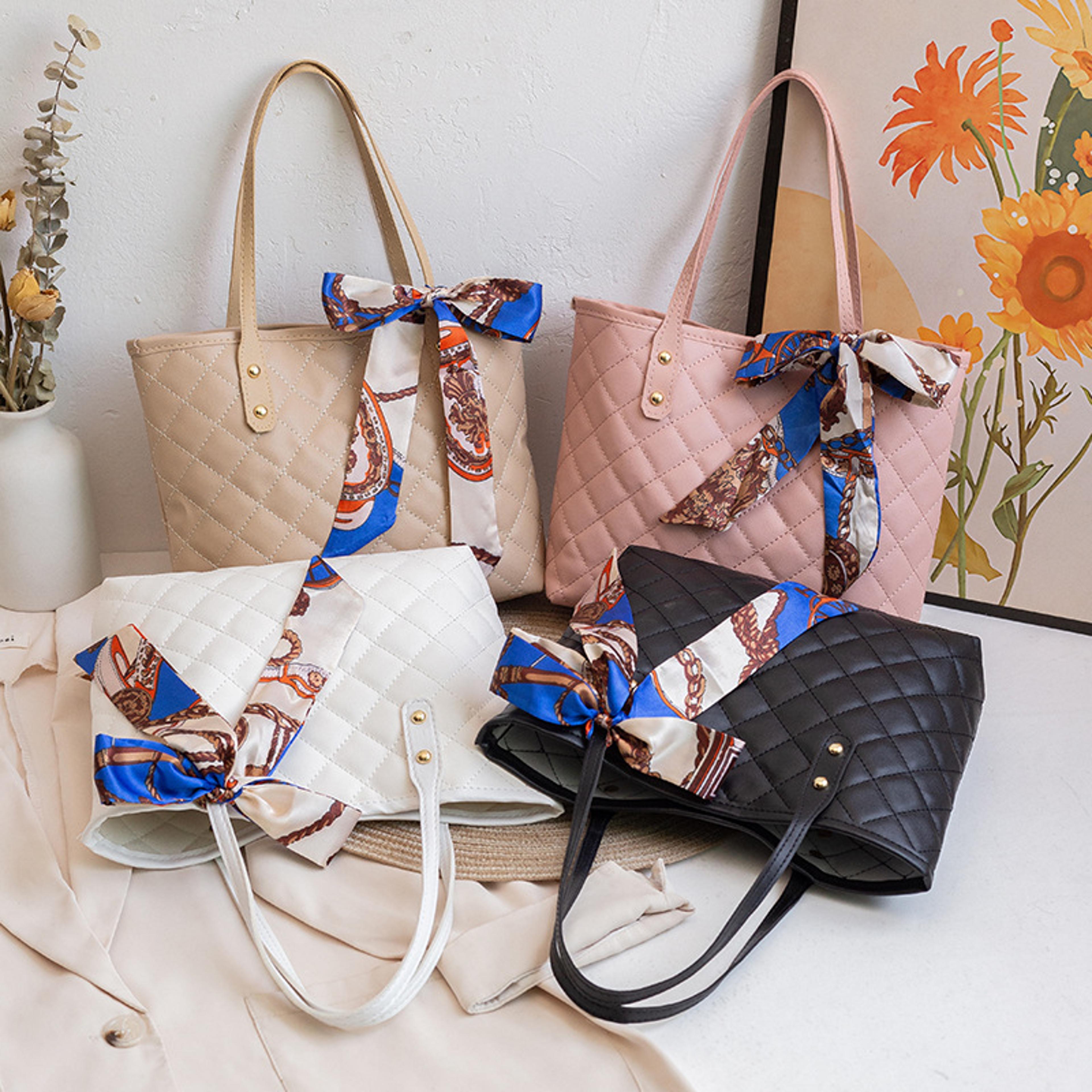 elegant quilted tote bag large capacity work shoulder purse with scarf bow