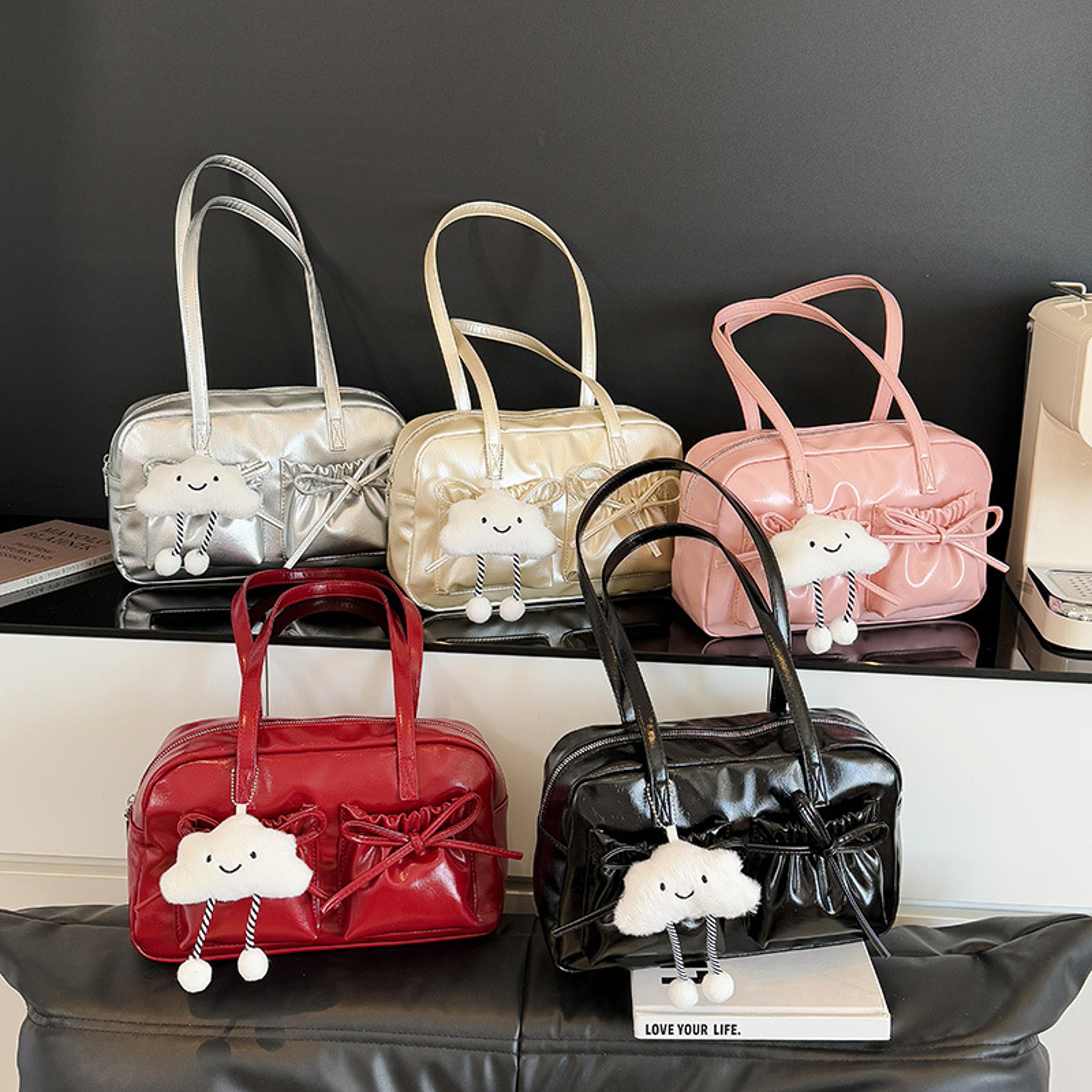 cloud charm faux leather shoulder bag with bow multi pocket design