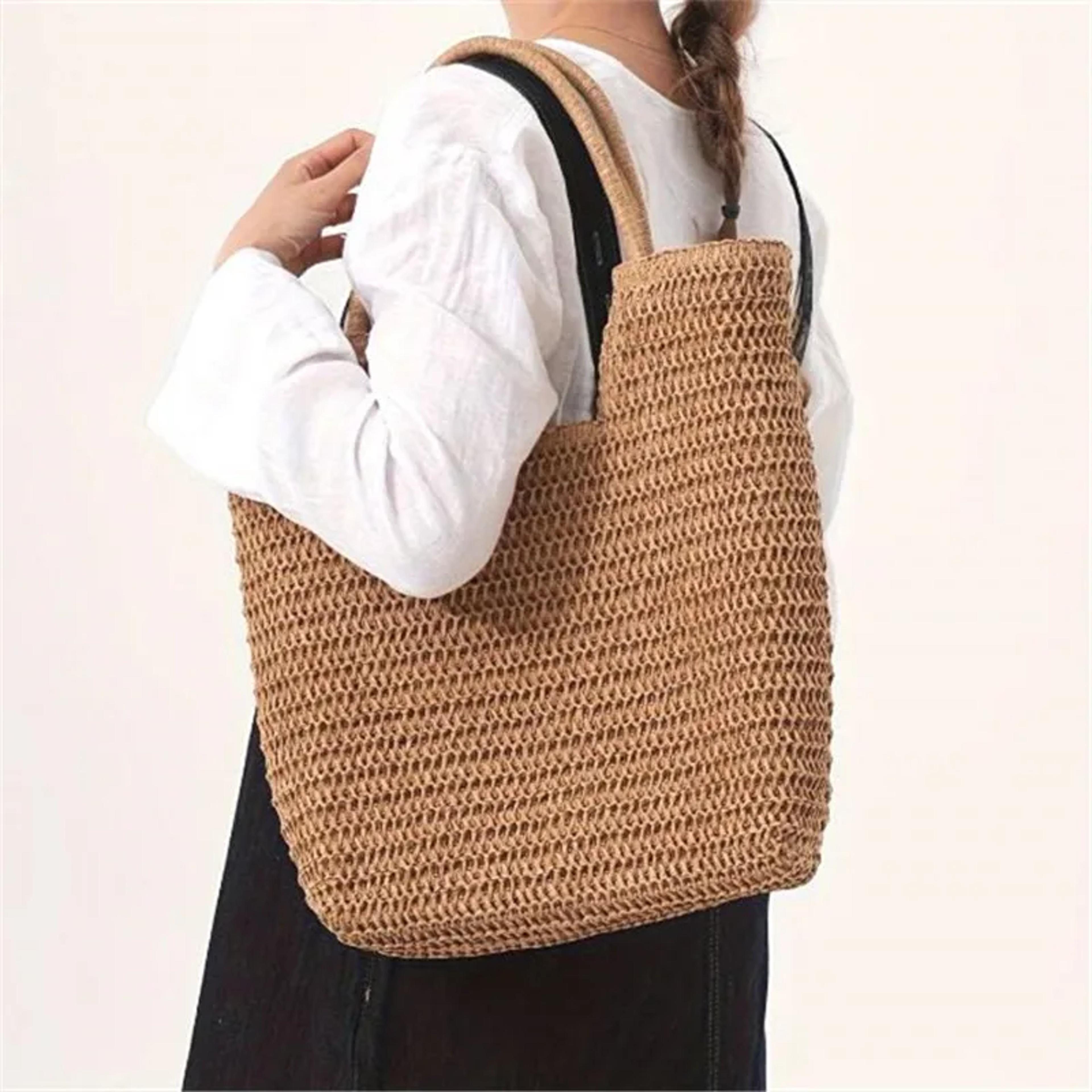 woven straw tote bag large capacity summer beach shoulder bag