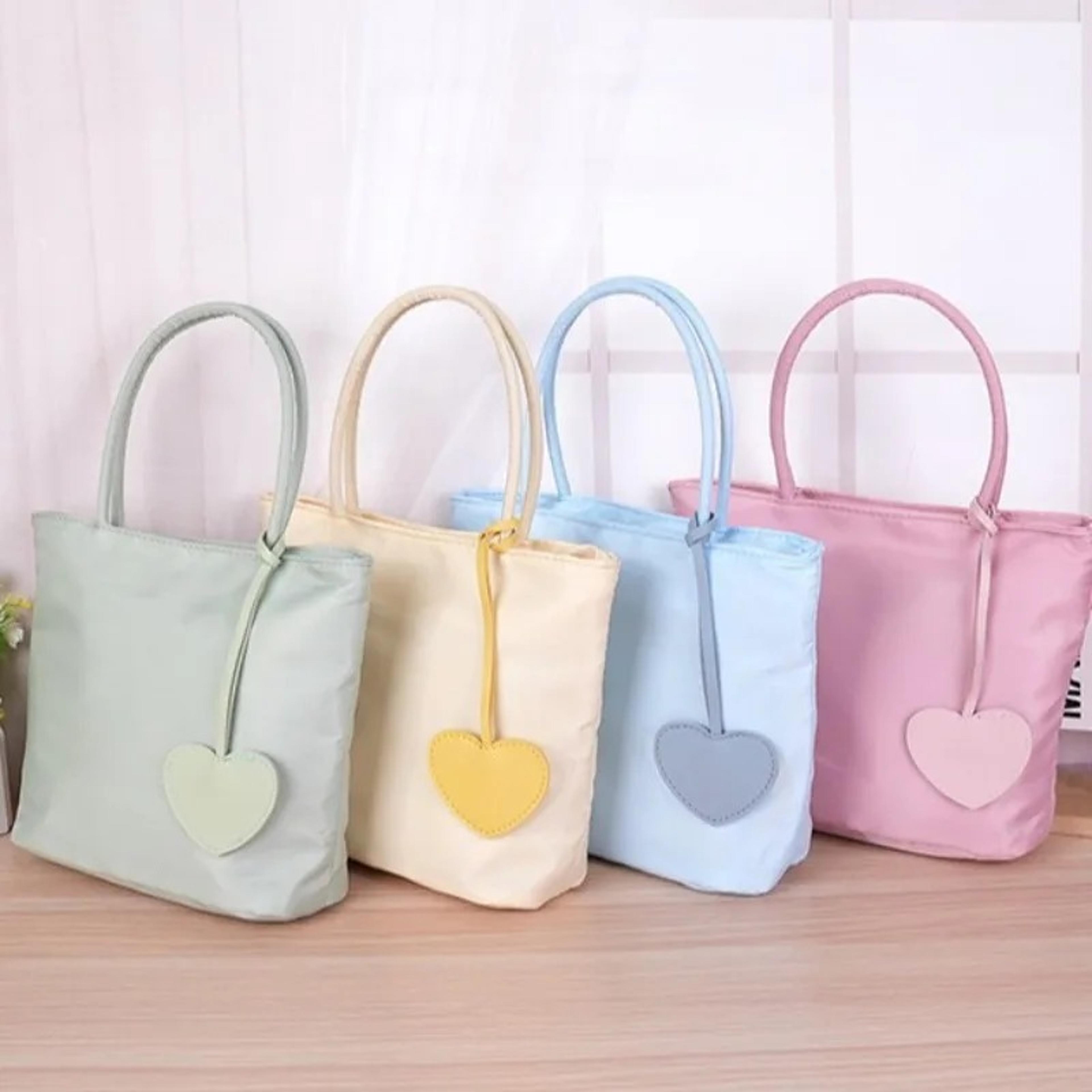 pastel nylon tote bag with detachable heart charm lightweight everyday handbag
