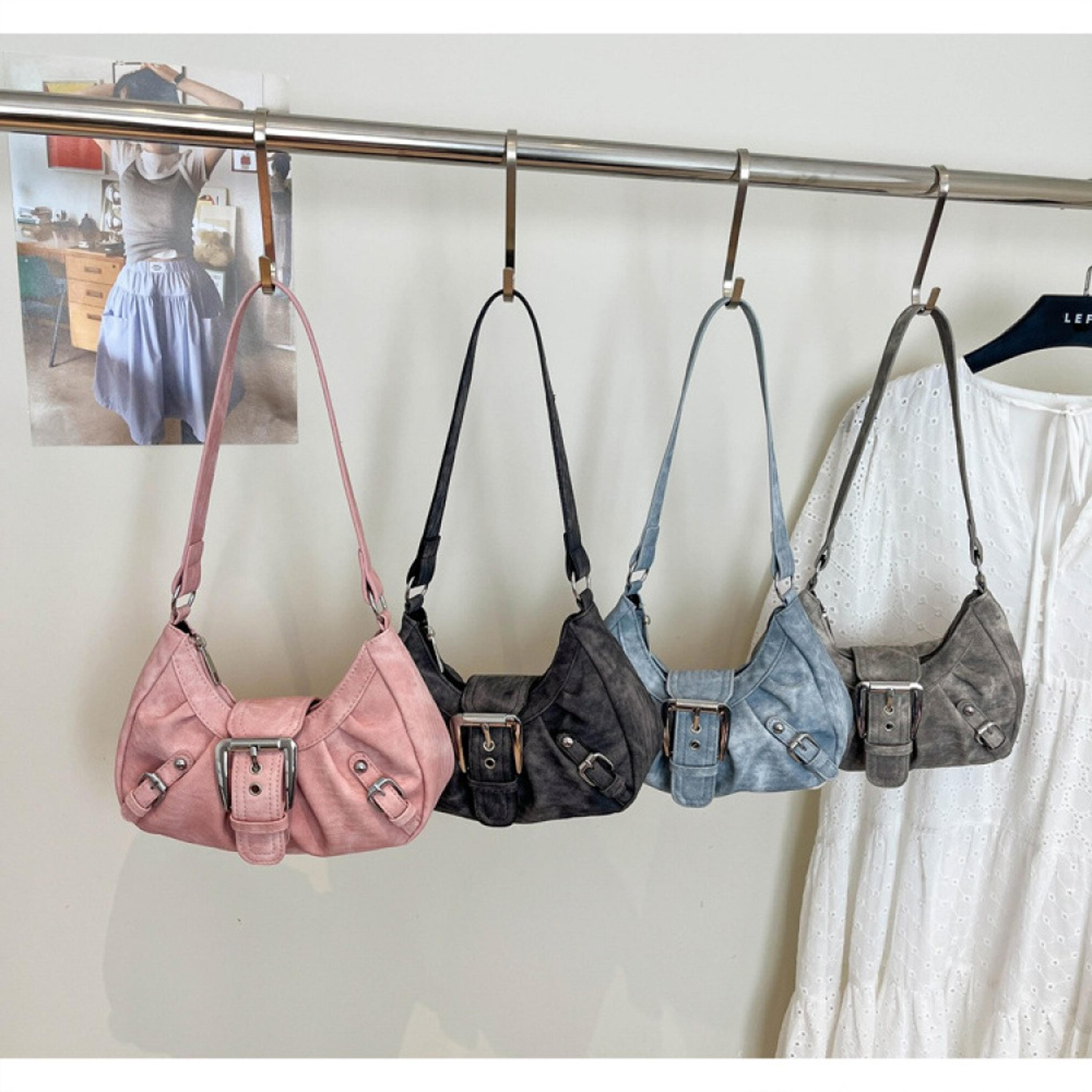 vintage denim crescent shoulder bag with metal buckle