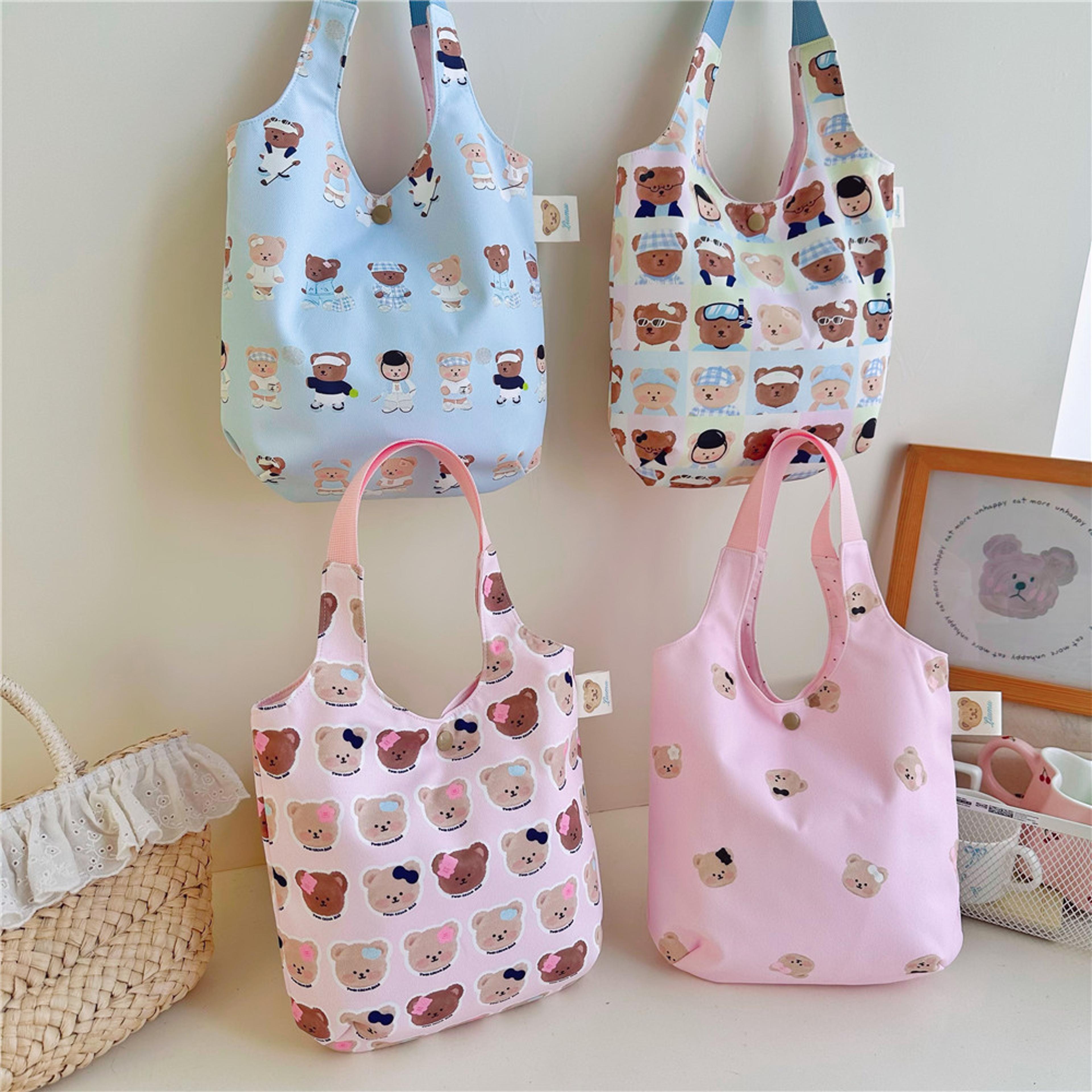 cute bear print canvas tote bag large capacity casual shoulder handbag for girls