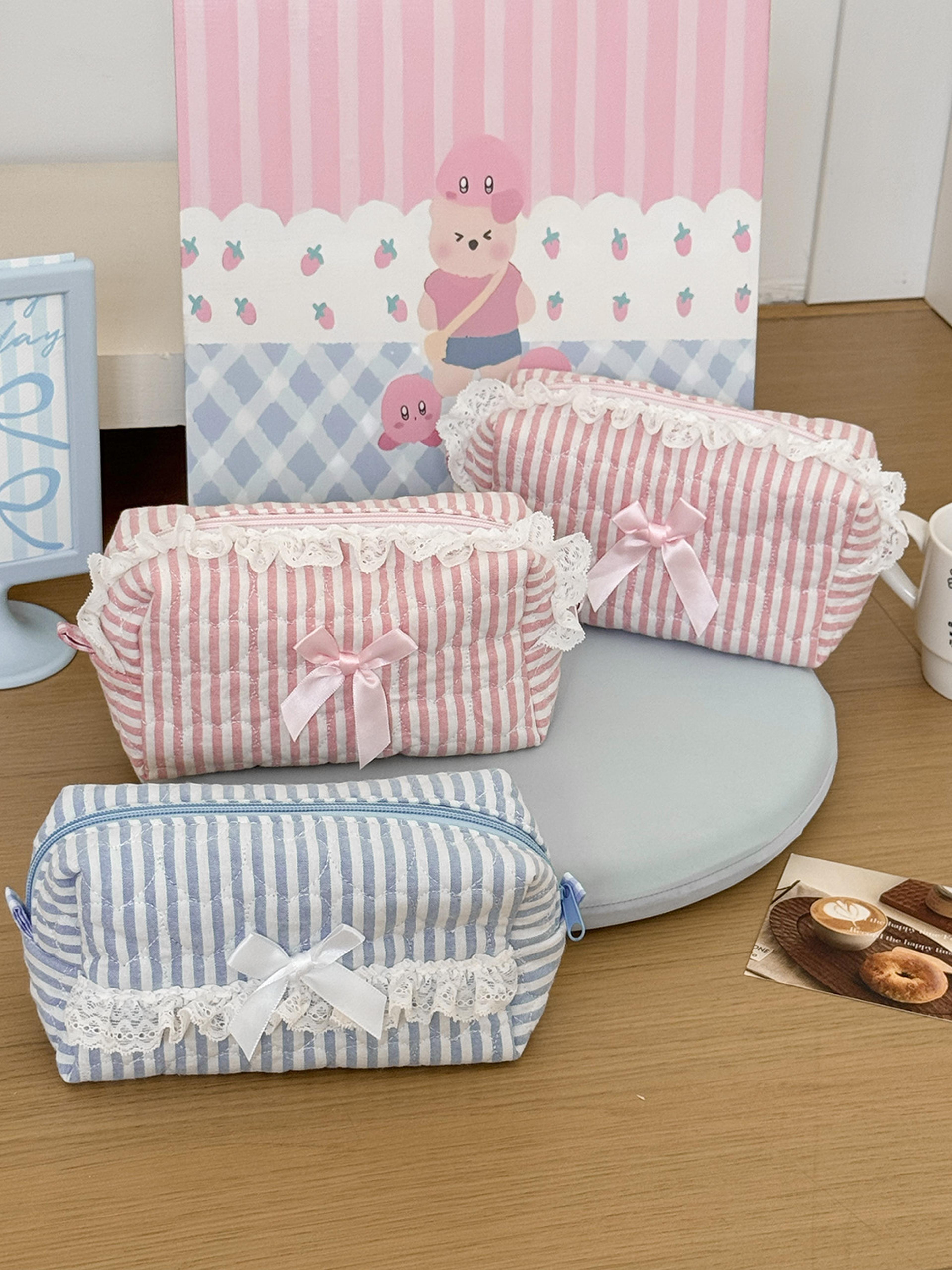sweetheart striped lace cosmetic bag travel makeup pouch