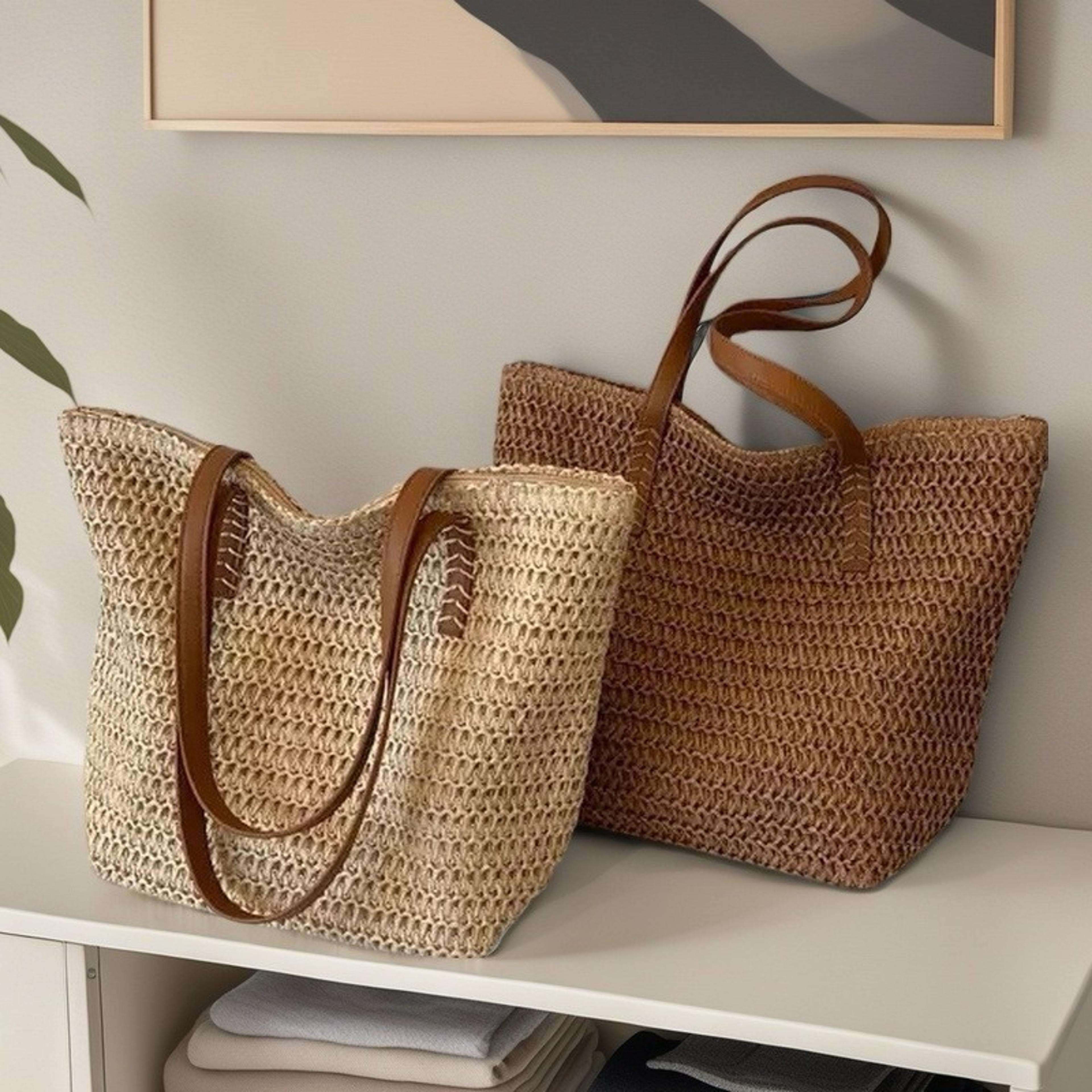 korean large capacity straw tote bag woven shoulder beach bag for women