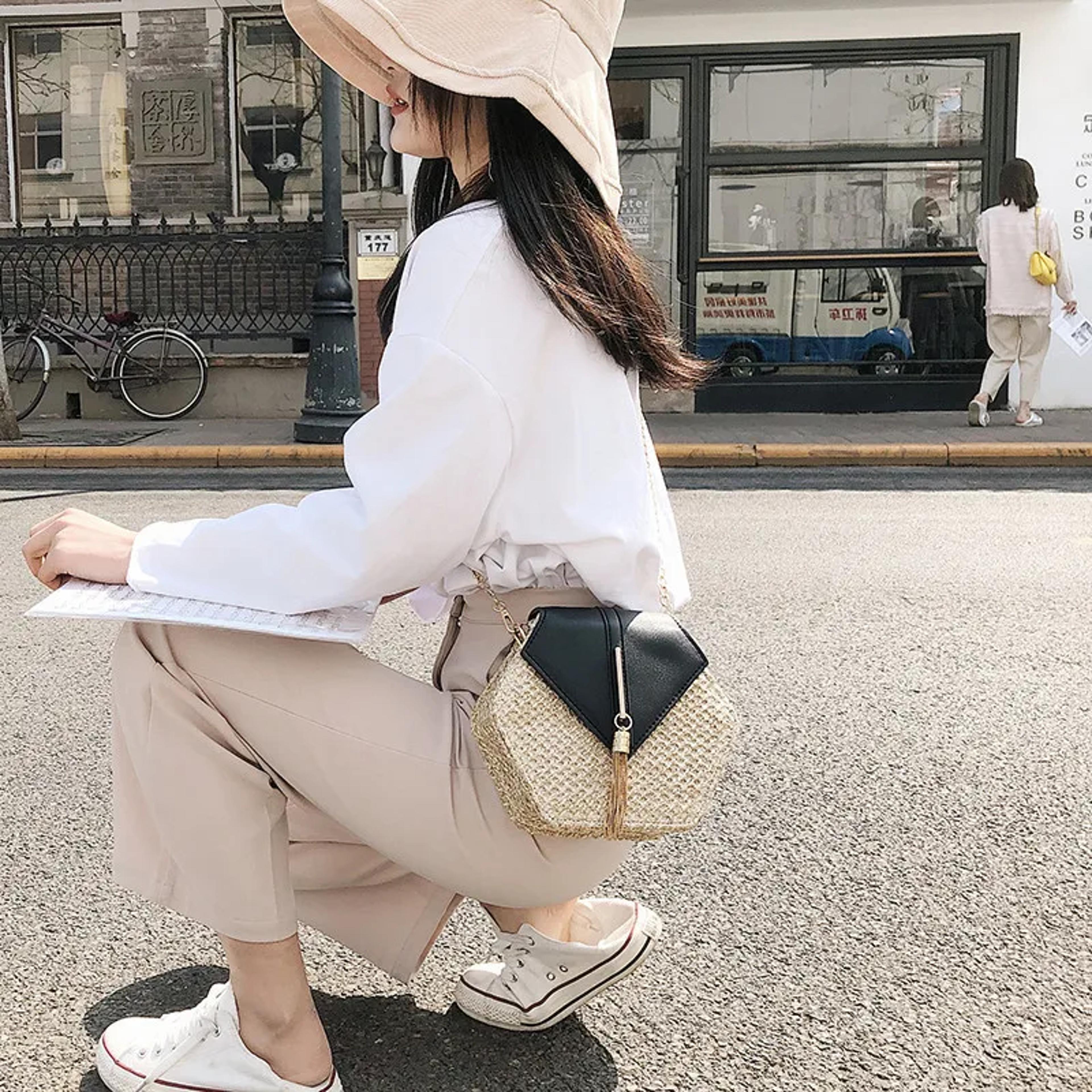 hexagon rattan shoulder bag handmade woven straw boho beach purse for women