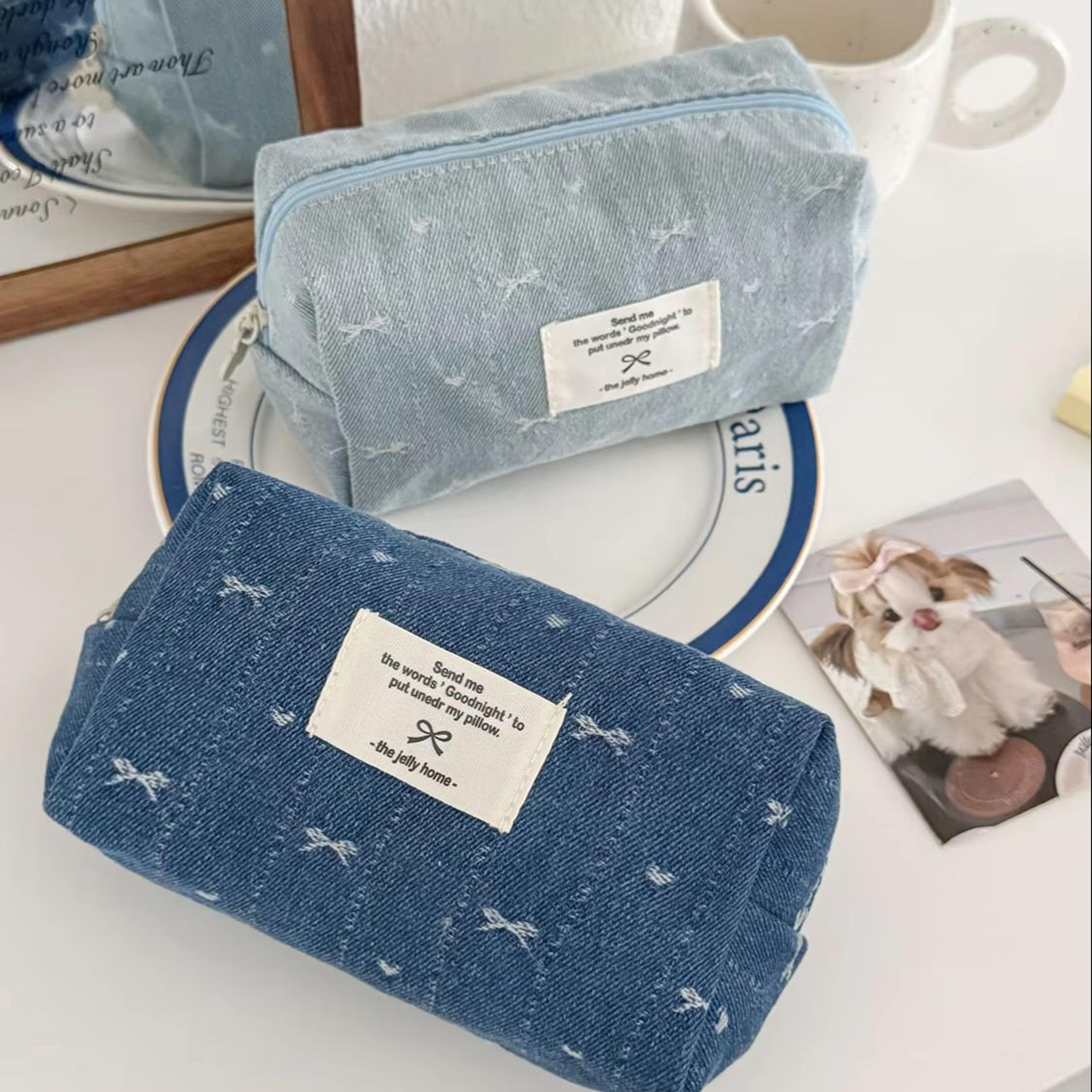 vintage denim bow makeup bag large capacity cosmetic pouch