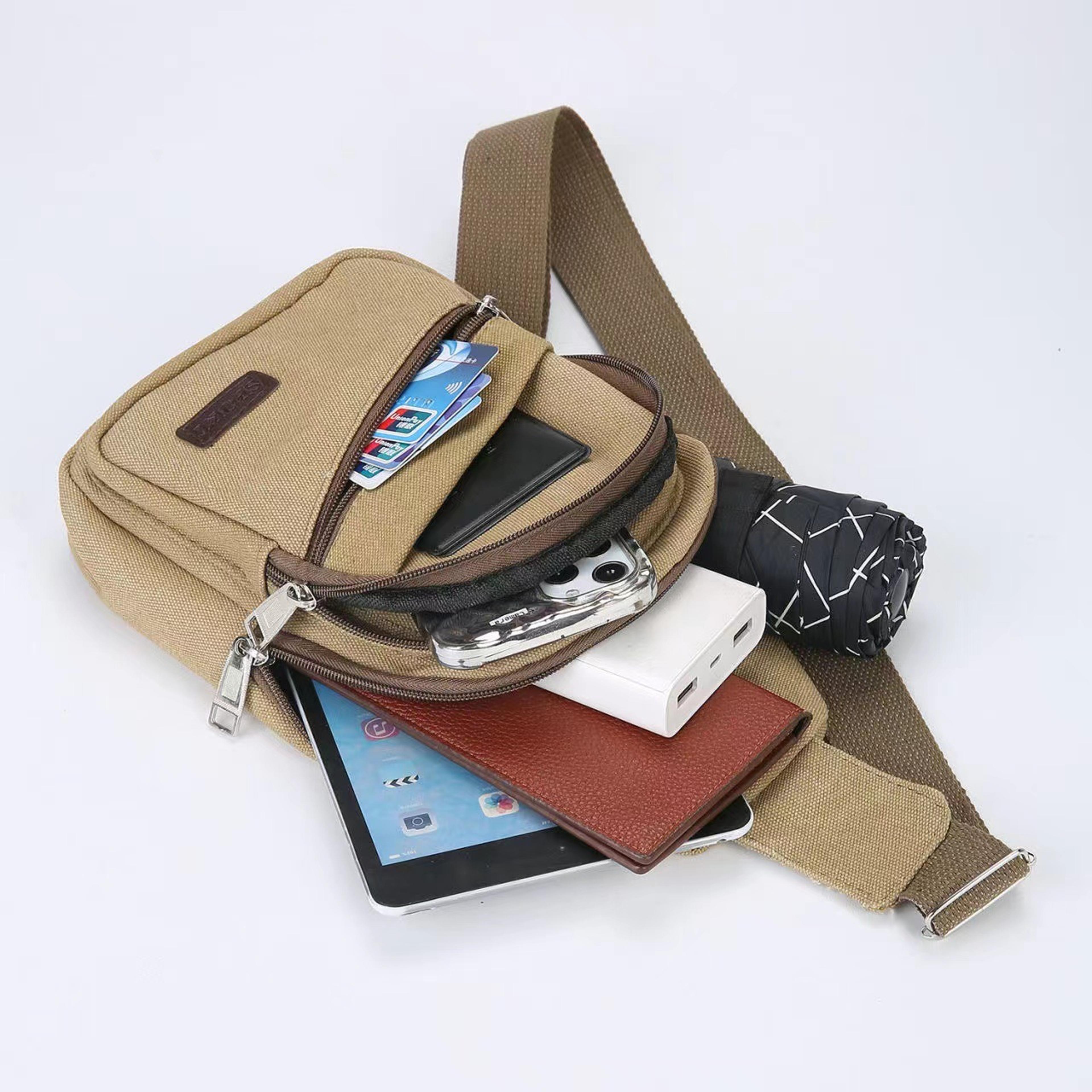 mens retro canvas crossbody chest bag multi pocket waterproof travel sling