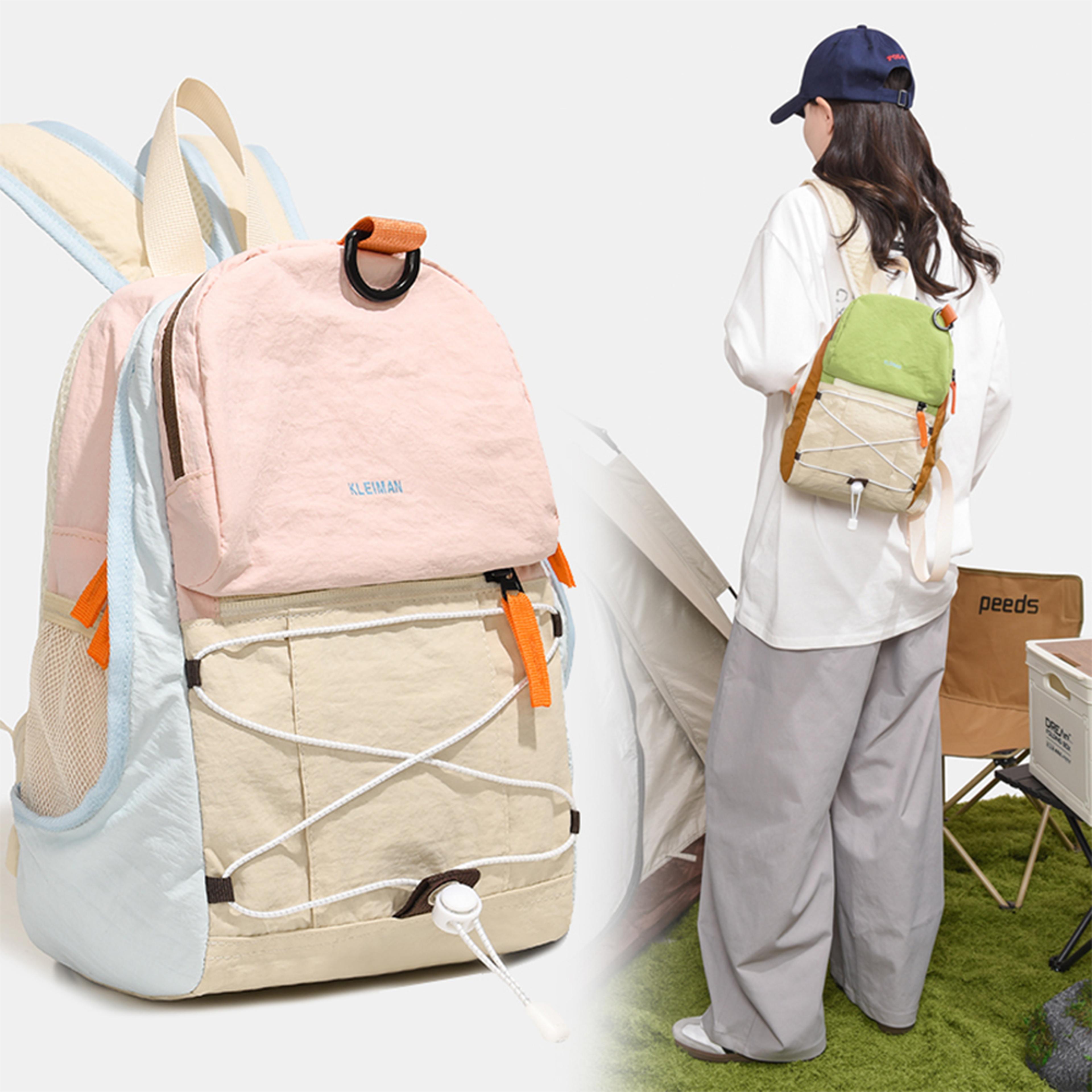 color block lightweight hiking backpack mini nylon travel daypack with bungee cord