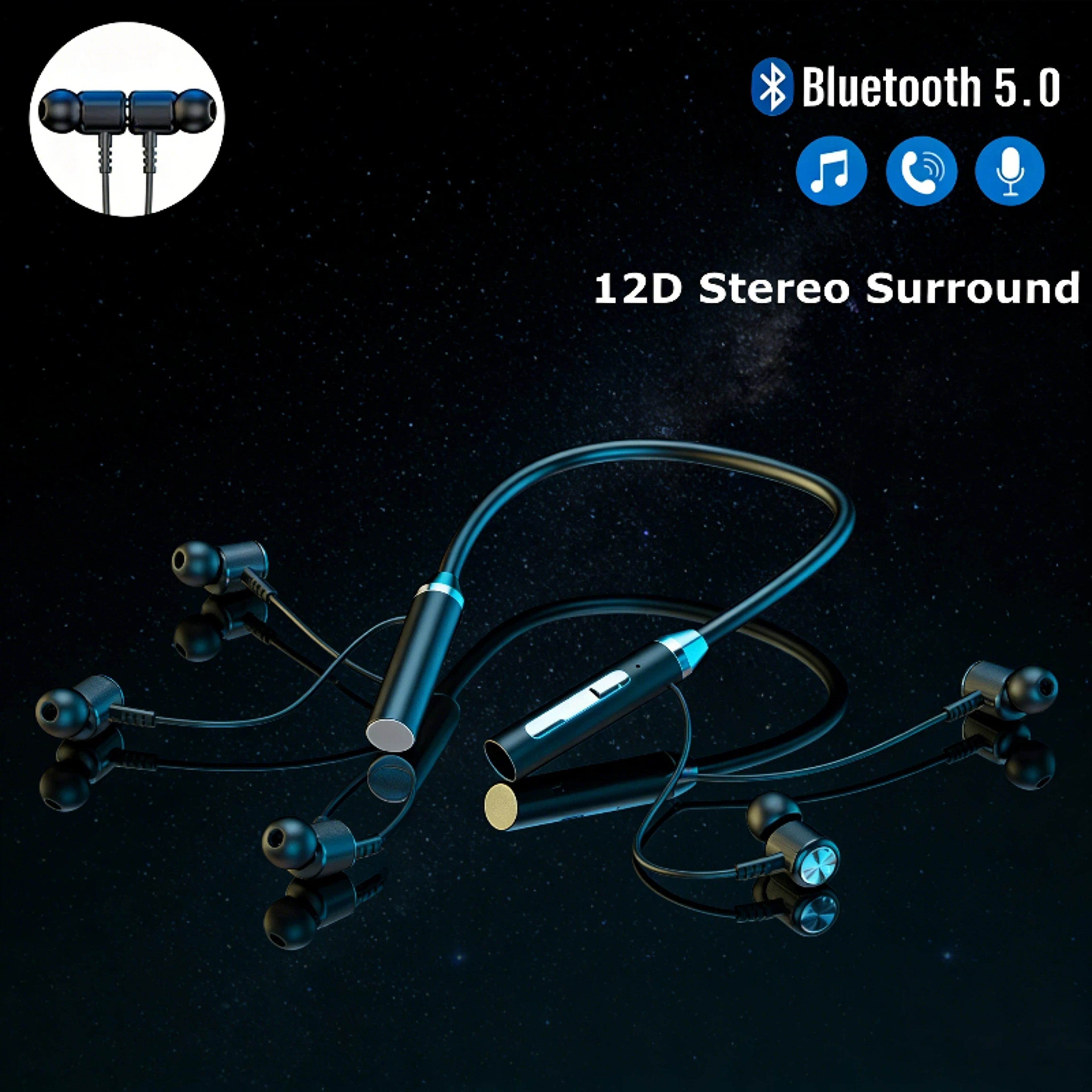 bluetooth neck band headphones with magnetic earbuds and microphone