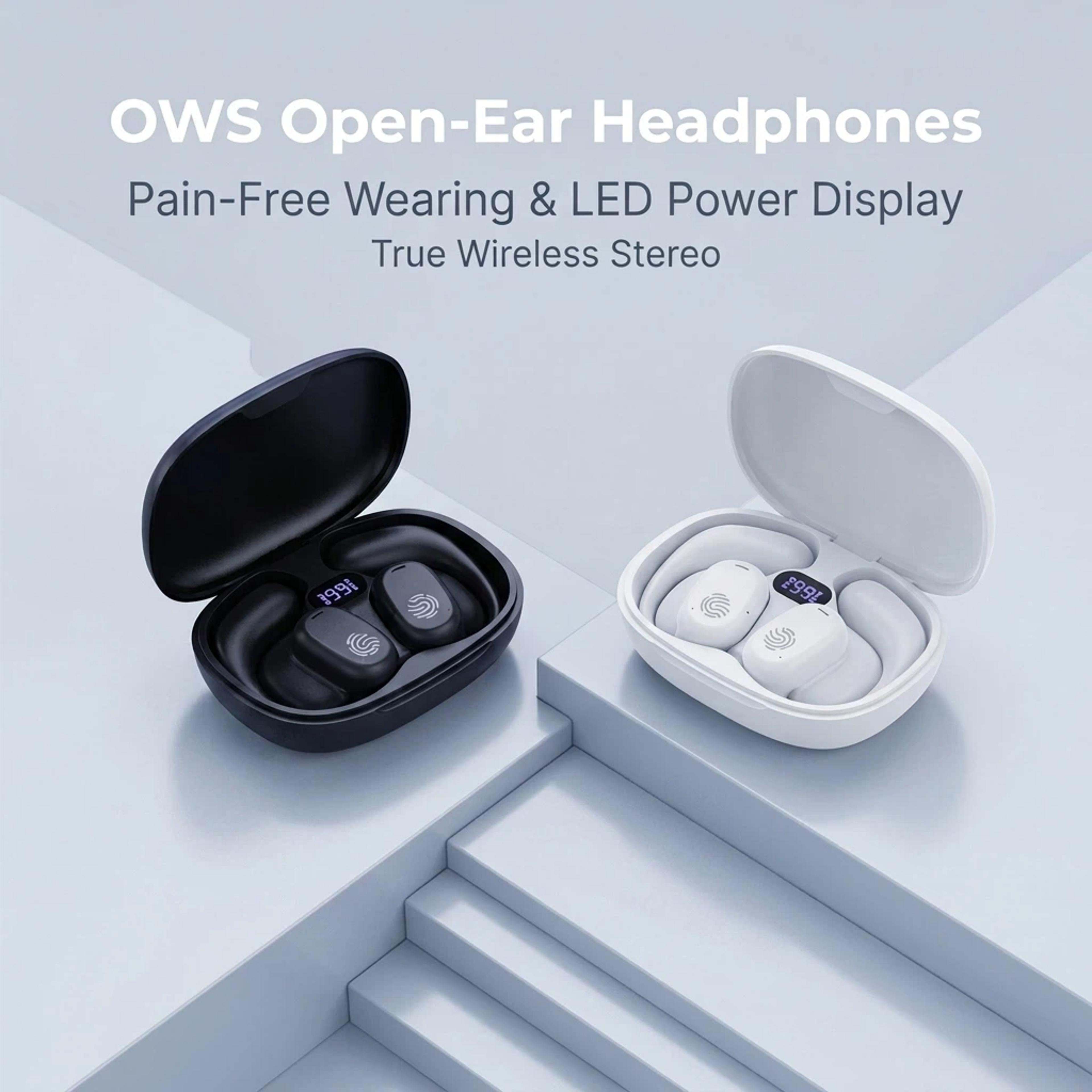 open ear bluetooth wireless earbuds with digital charging case