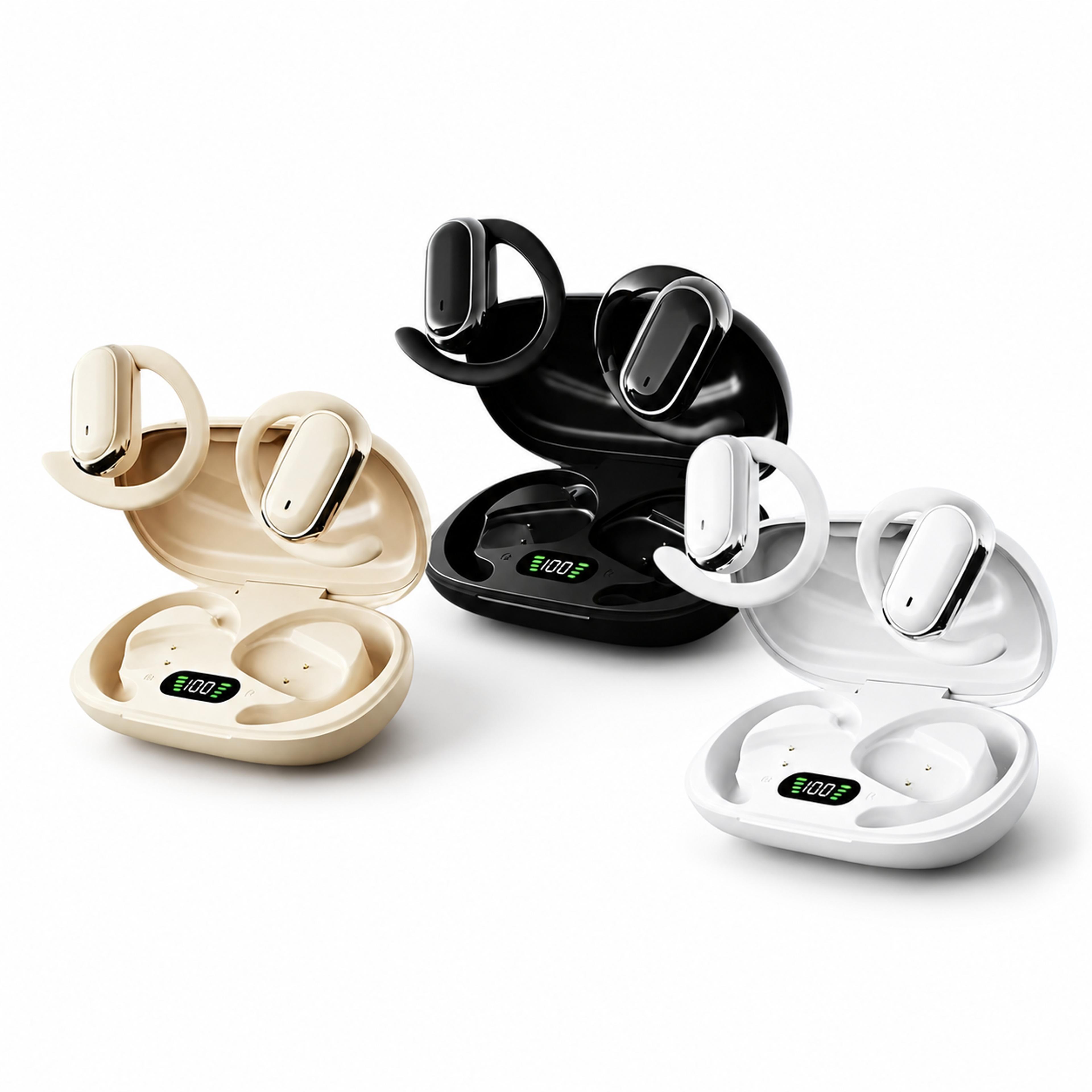 open ear bluetooth earbuds with earhooks and smart led display
