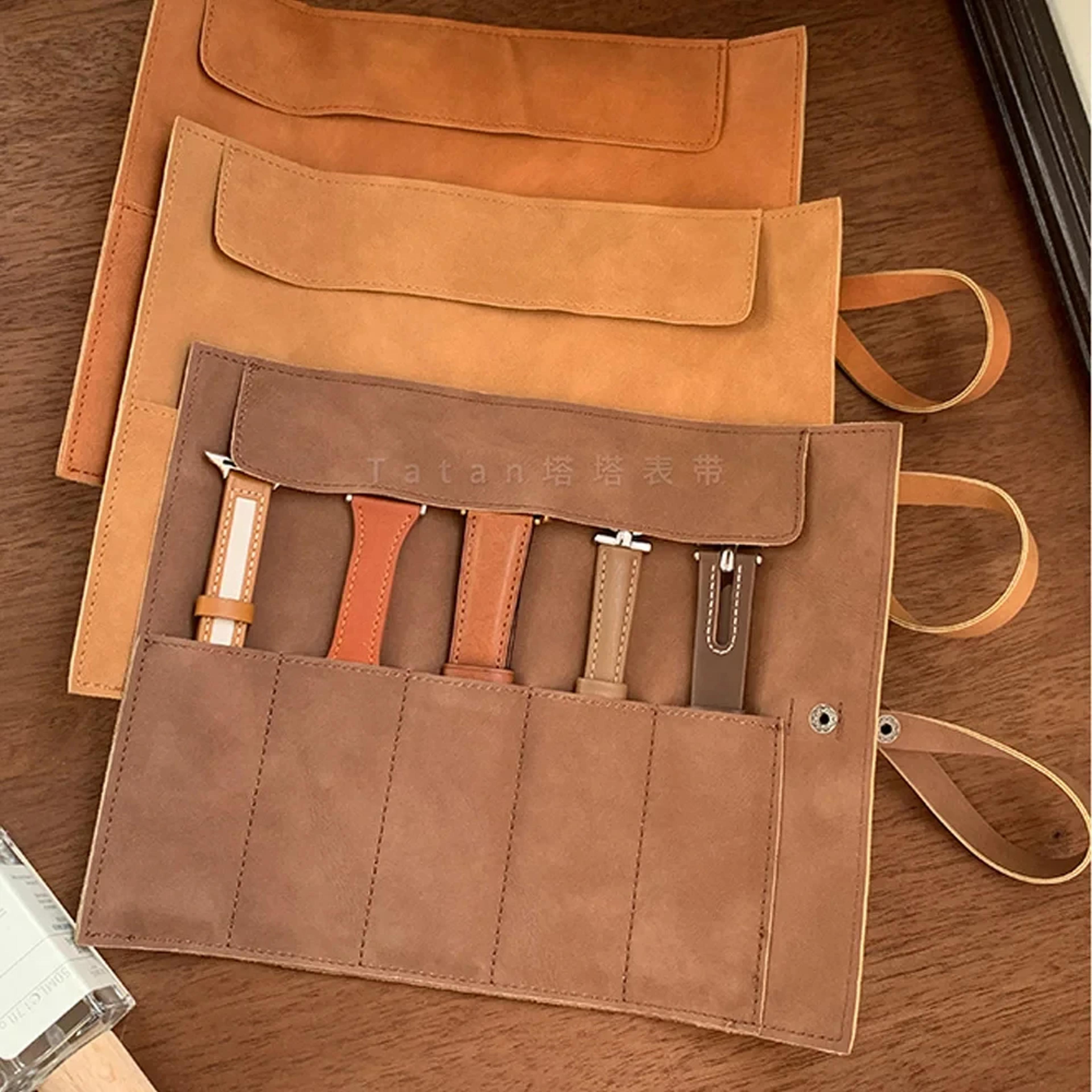 full grain leather watch band organizer slot travel watch case