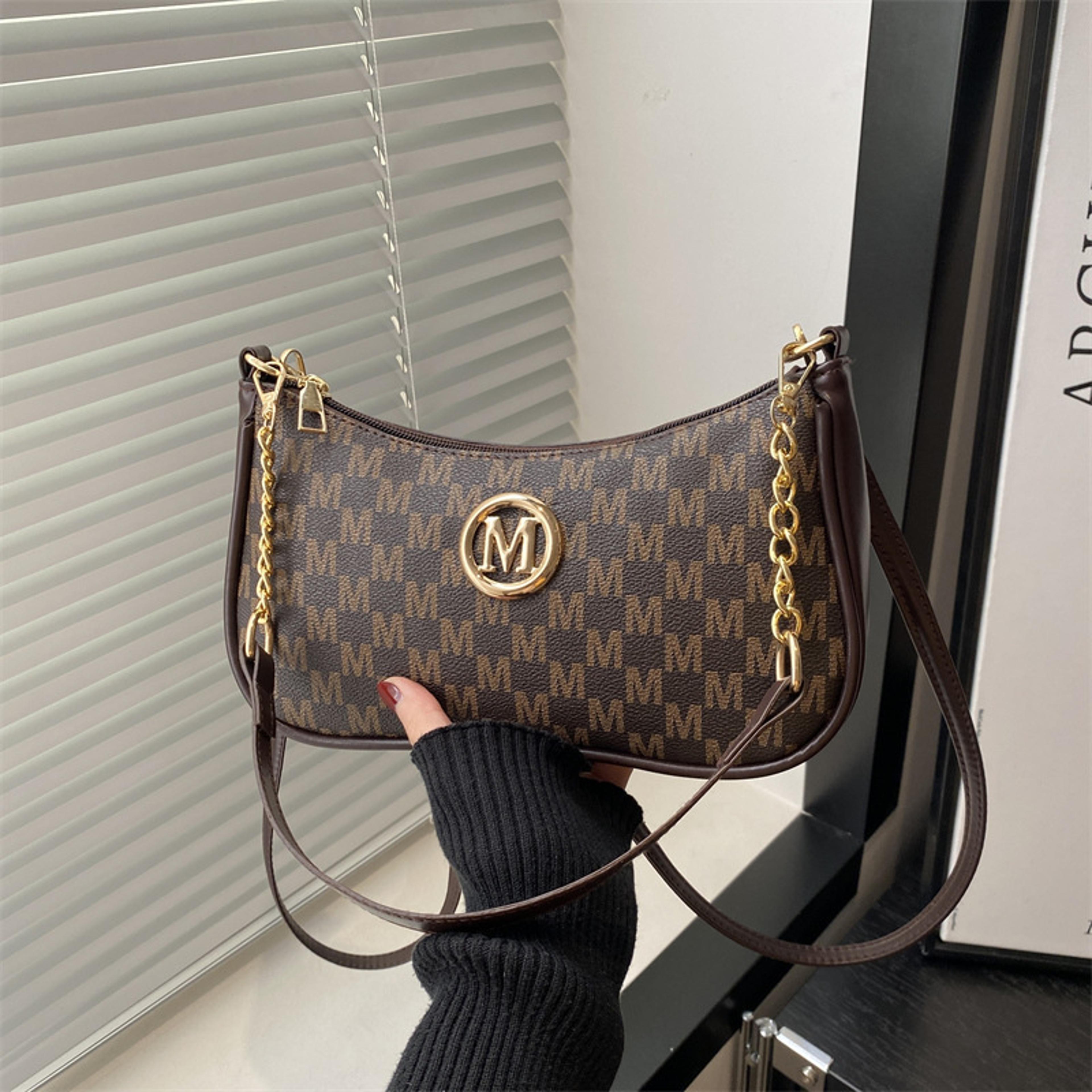 vintage pu leather crossbody handbag with gold m detail for women