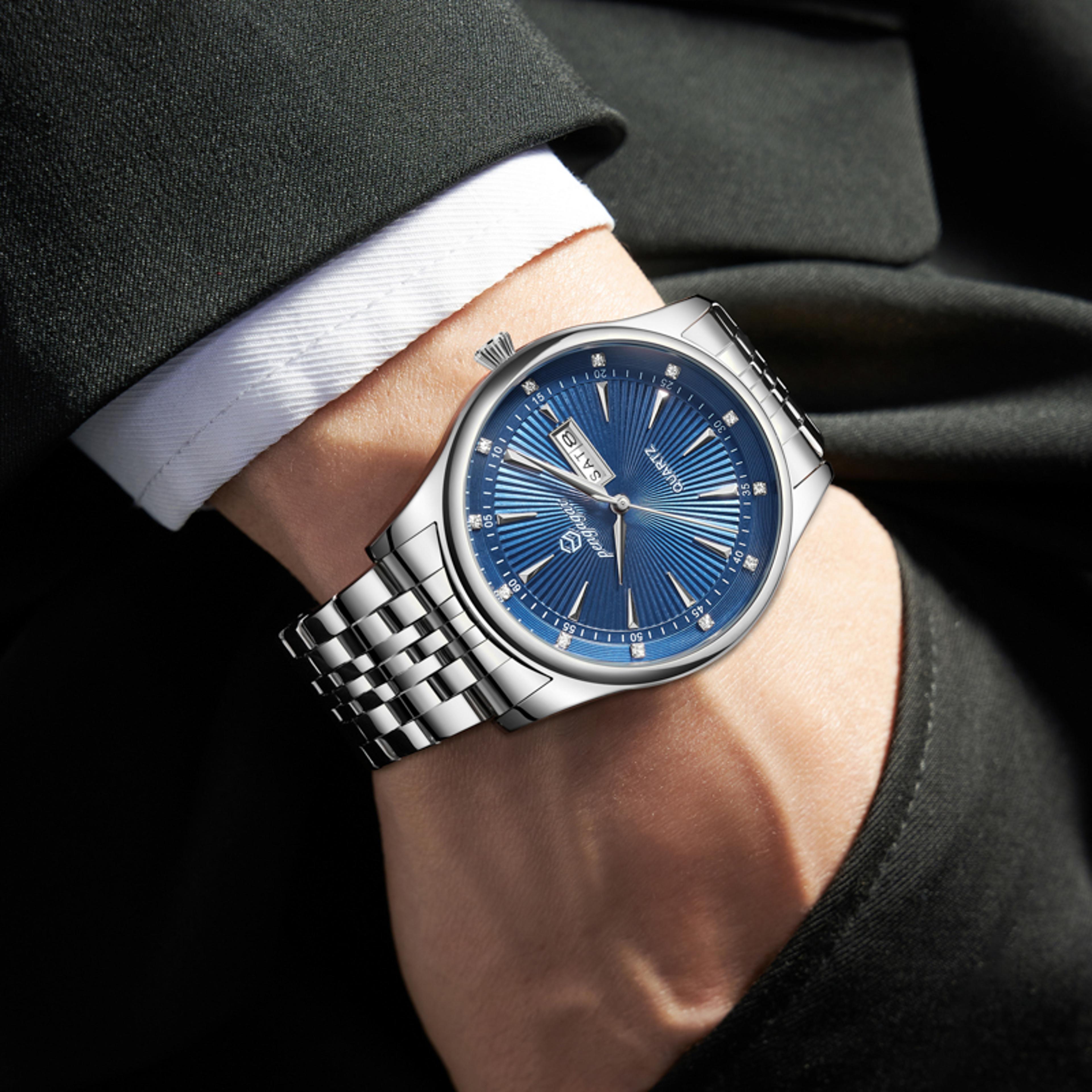 elegant mens quartz watch with day date display luminous dial and stainless steel band