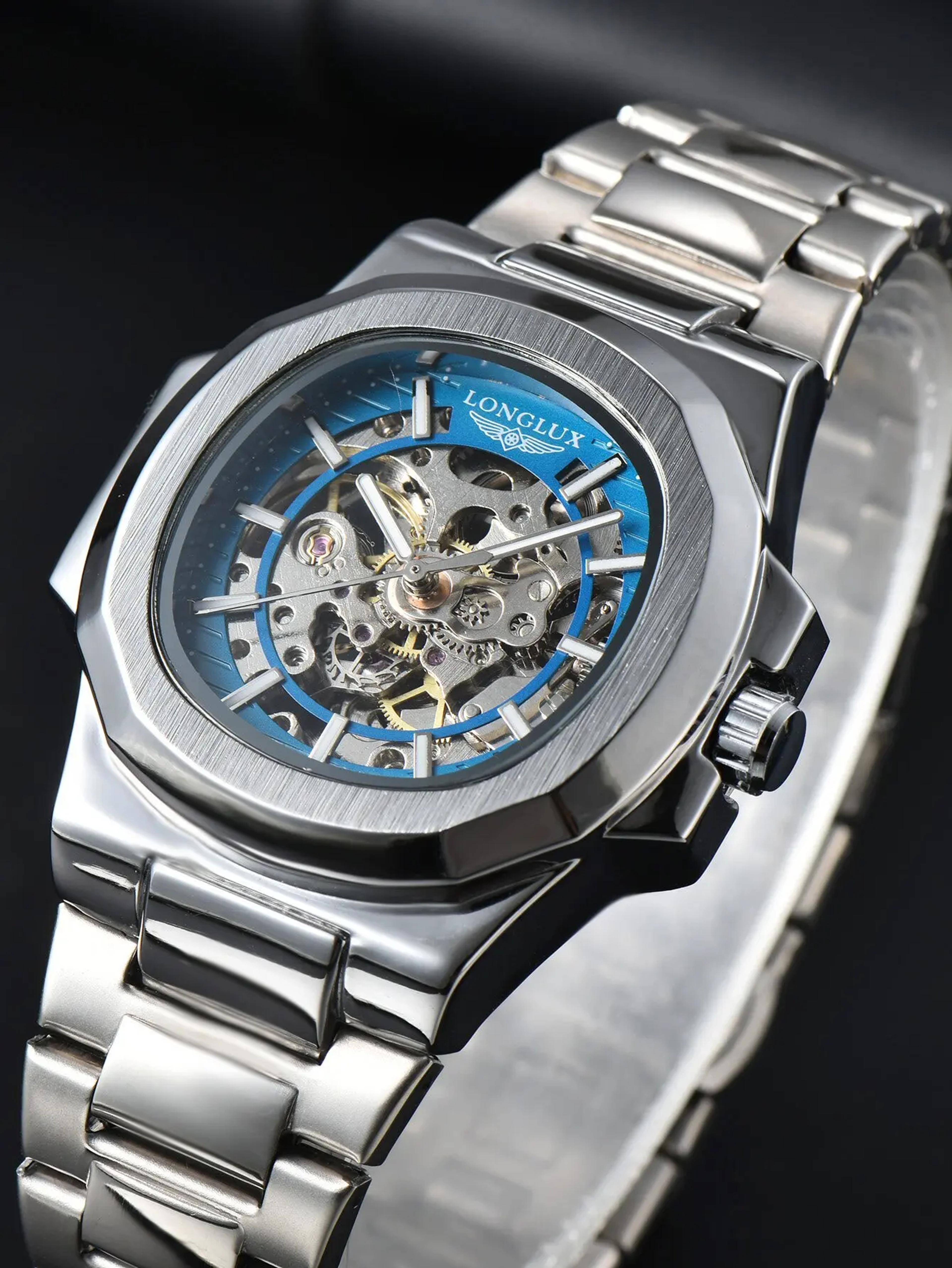 mens automatic skeleton watch stainless steel mechanical water resistant business watch