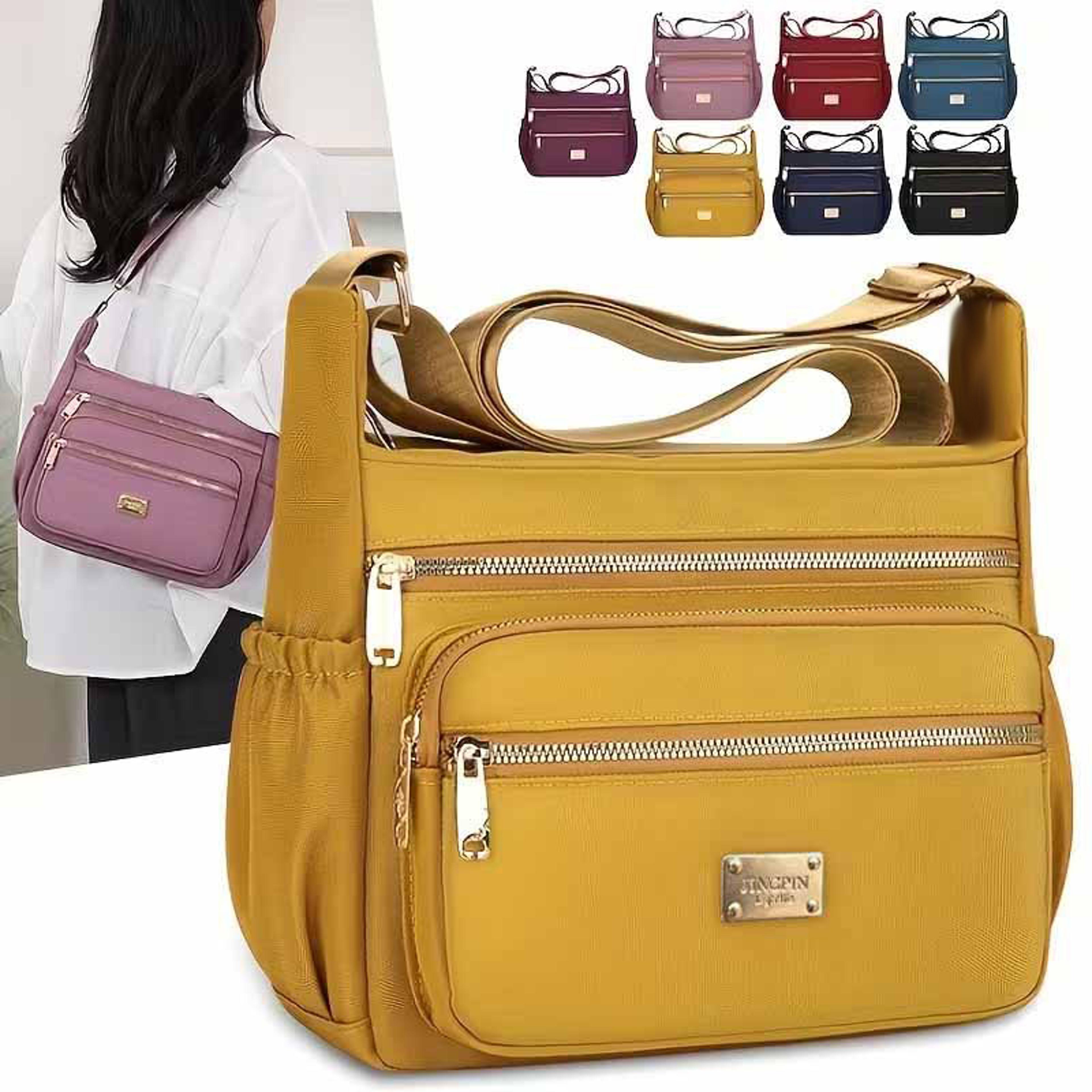 womens lightweight nylon crossbody bag with multi zipper pockets and adjustable strap